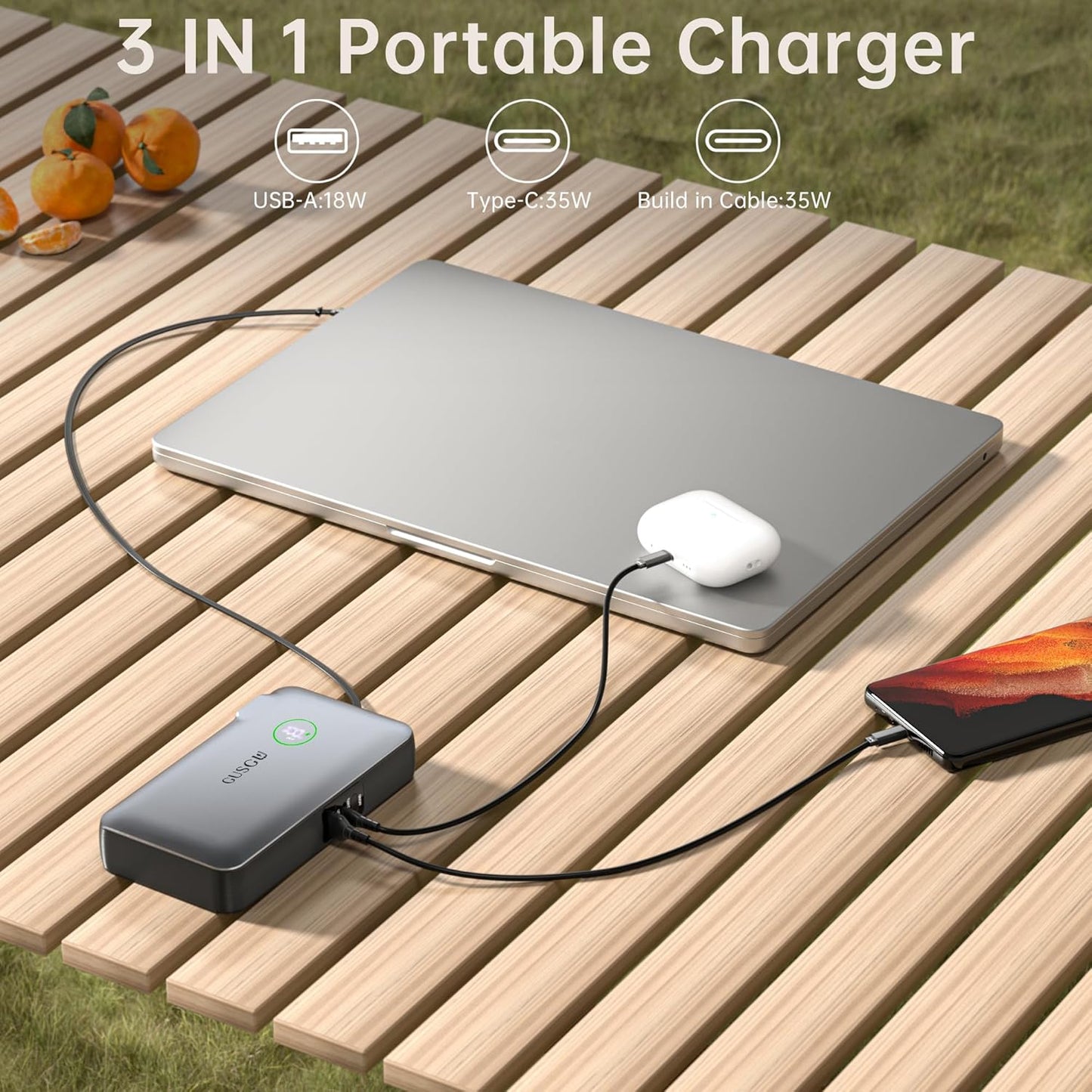GUSGU X3 10,000mAh Power Bank with Foldable Plug, Retractable USB C Cable &Type-C/USB-A Ports, 35W PD Max Fast Charger for MacBook Air/Pro, iPad, iPhone 17/16/15, Galaxy S24/S23 and More