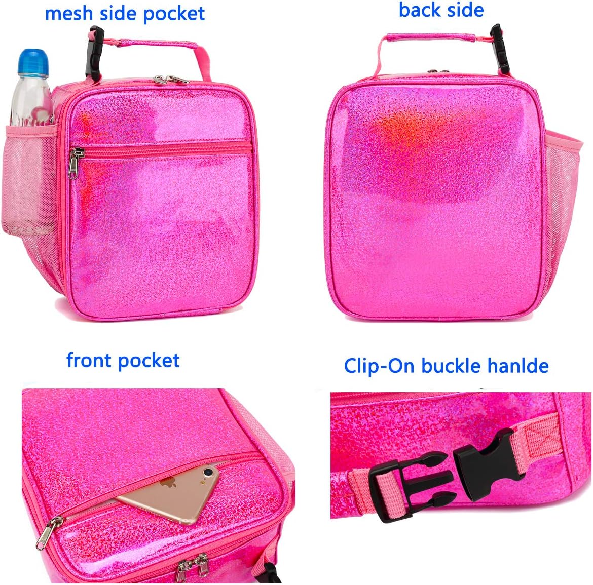 FlowFly Kids Lunch box Insulated Soft Bag Mini Cooler Back to School Thermal Meal Tote Kit for Girls, Boys, PU Pink