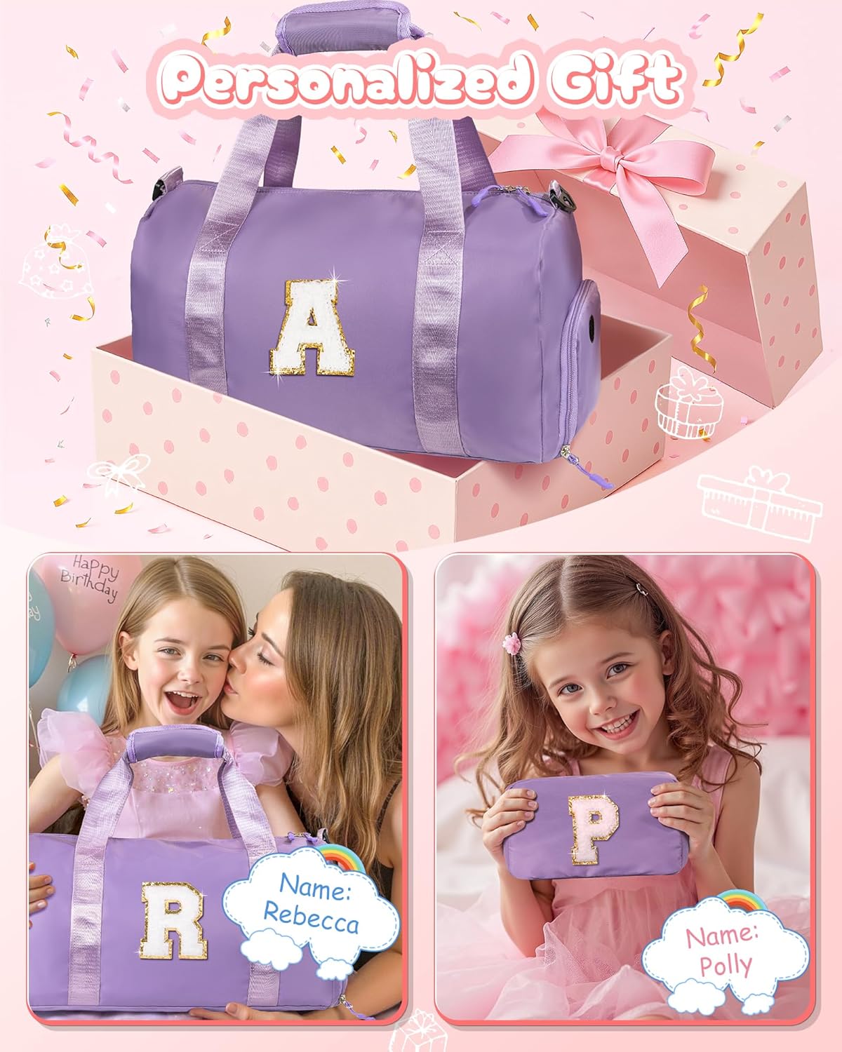 Girls Gifts 9-10 Year Old-Girl Gym Bag with Shoe Compartment, Kid Personalized Weekender Overnight Bags, Initial Travel Tote with Makeup Pouch, Kids Easter Gift (Letter V)
