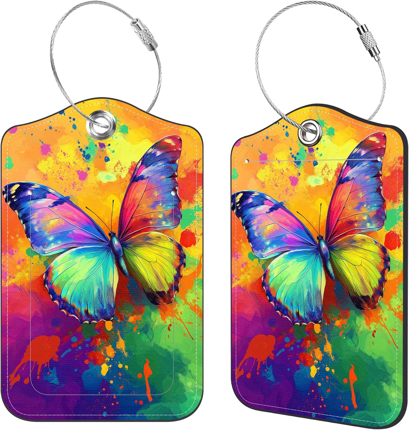 2 Pcs Luggage Tags for Suitcases, Colorful Butterfly Leather Bag Tags for Luggage Privacy Cover Name ID Label with Stainless Steel Loop Cruise Airport Travel Essentials