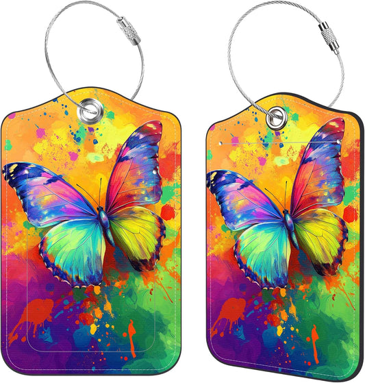 2 Pcs Luggage Tags for Suitcases, Colorful Butterfly Leather Bag Tags for Luggage Privacy Cover Name ID Label with Stainless Steel Loop Cruise Airport Travel Essentials