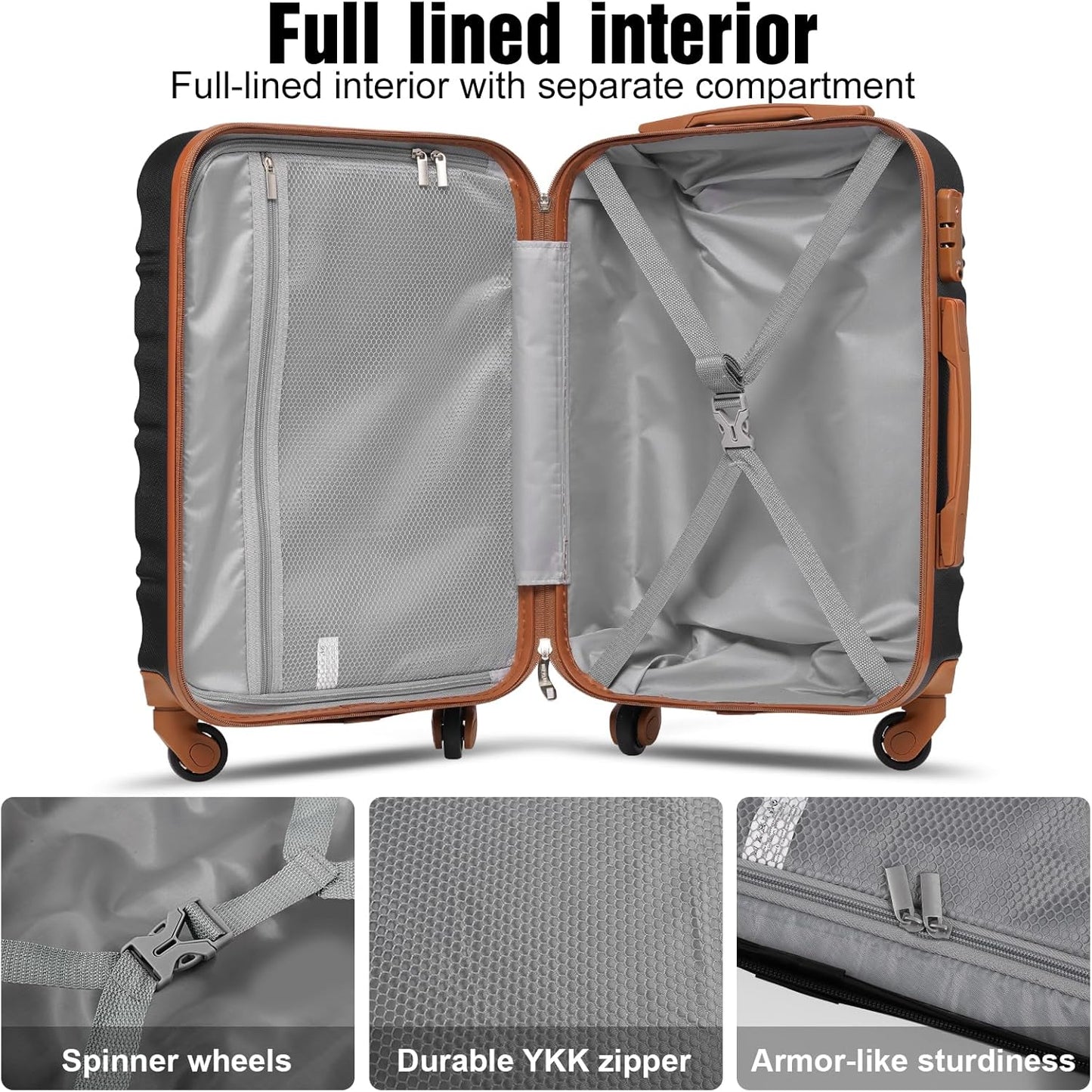 LONG VACATION Carry On Luggage Sets 3 Piece 20 Inch Suitcase Set, ABS+PC Hardshell Lightweight Travel Luggage with Spinner Wheels & YKK Zipper TSA Lock (20 INCH (BP/TB), BLACK-BROWN)