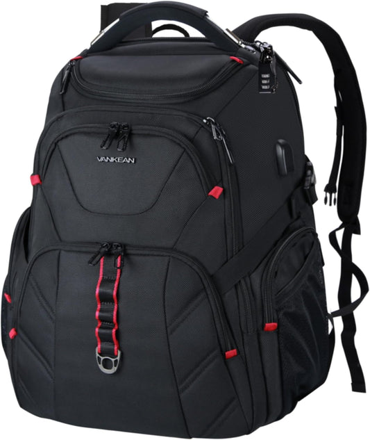 VANKEAN 17.3'' Travel Laptop Backpack TSA Friendly, Water Resistant Anti Theft Extra Large College Backpacks with RFID Pockets, USB Port for Men Women Business Work Bag, Black