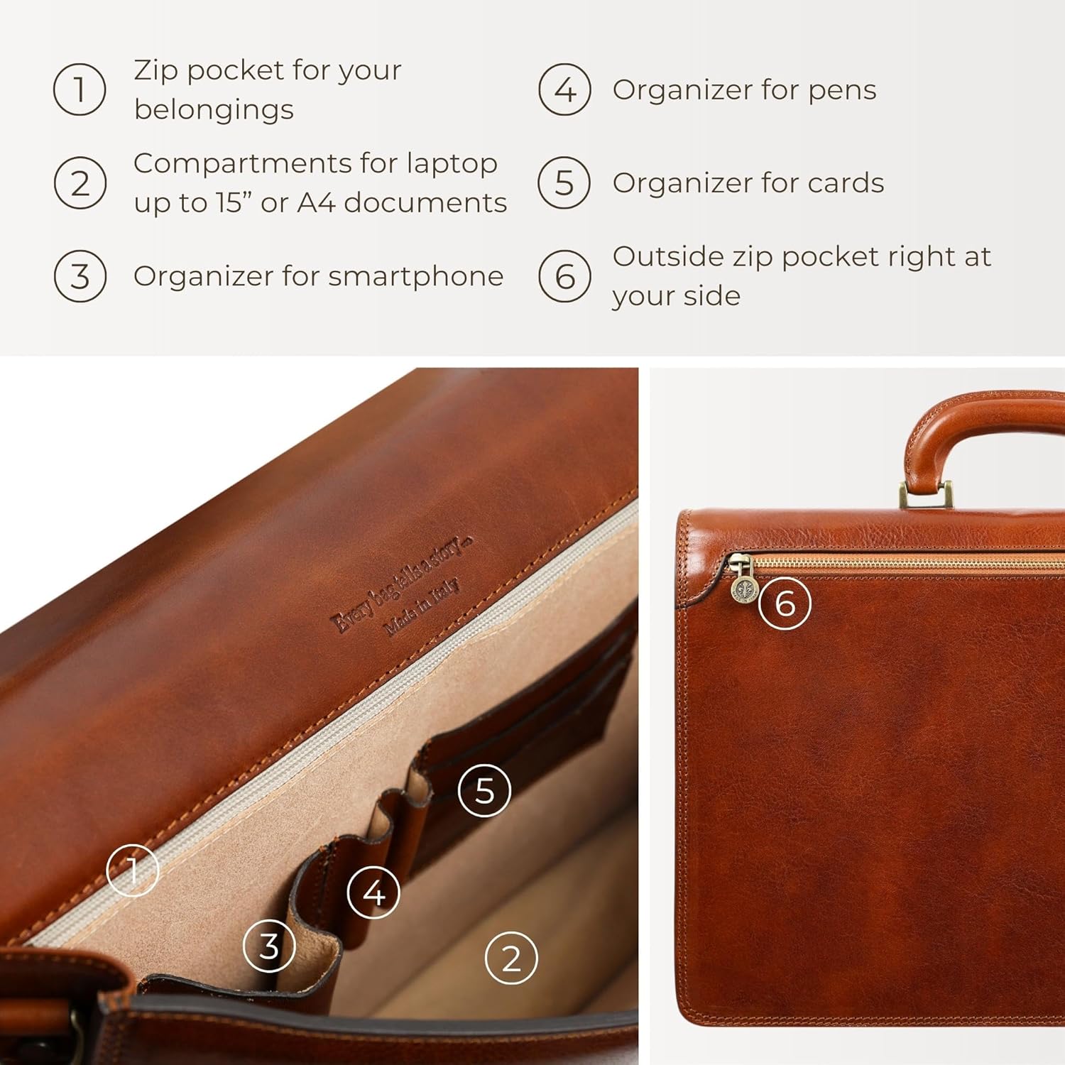Time Resistance Leather Briefcase - Italian Handmade Leather Laptop Bag - Handbag for Men