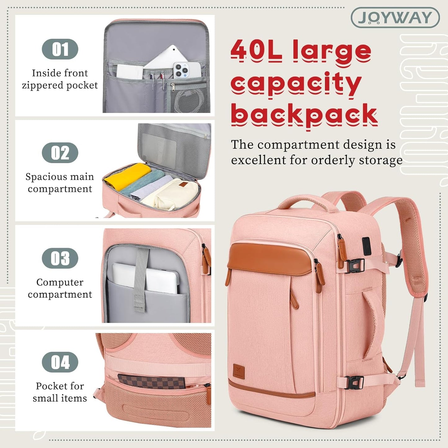 Joyway Expandable Carry on Luggage Sets Airline Approved, Lightweight Hard Shell 20 Inch Carry-on Suitcase with Spinner Wheels, Pink Brown