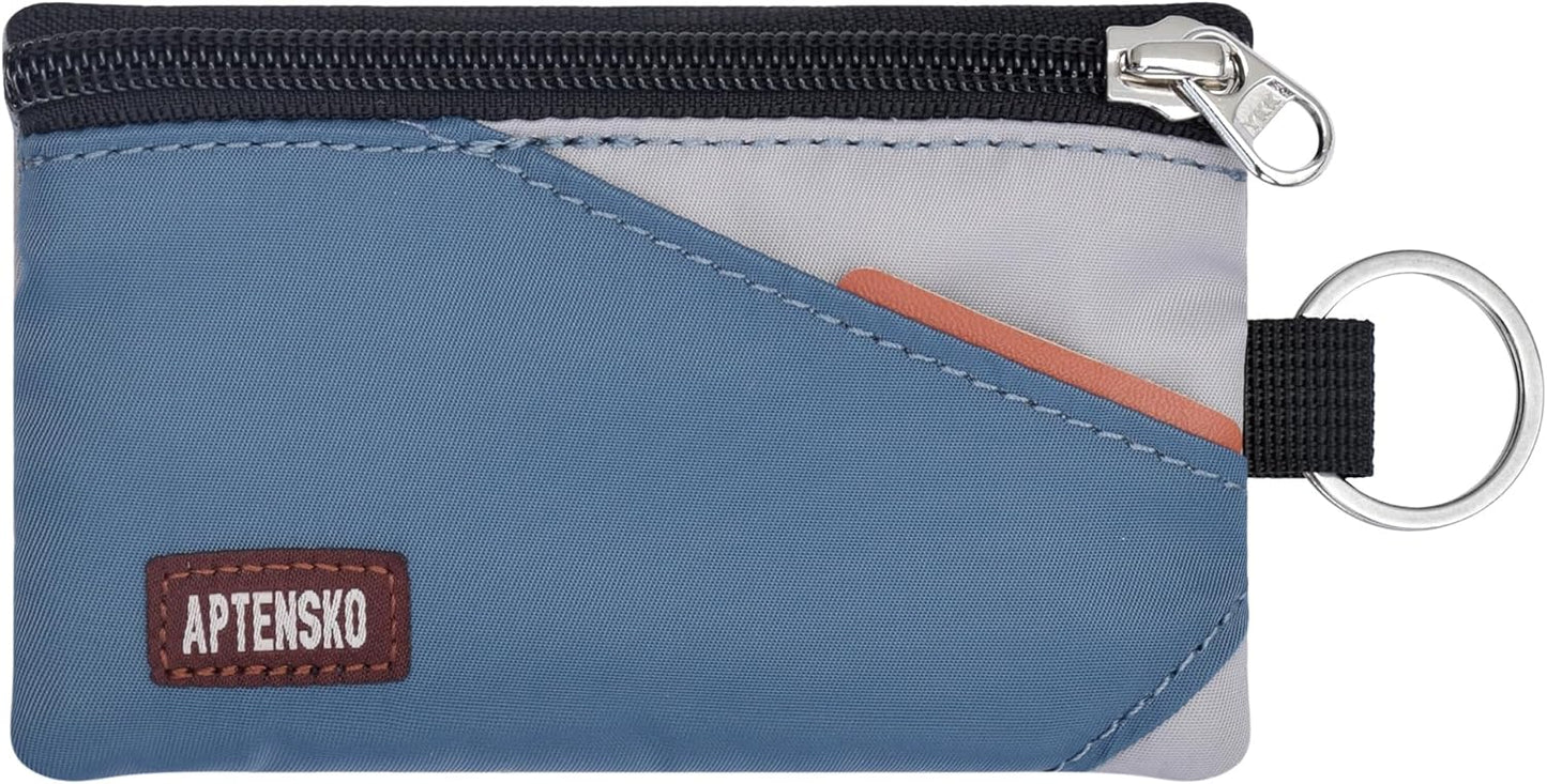 RFID Travel Wallet with Adjustable Lanyard-Zipper Small Wallet with ID Card Holder, Keychain for women&men-Minimalist Slim Waterproof Nylon case for ID, Cash, Key (SlateBlue+Grey)