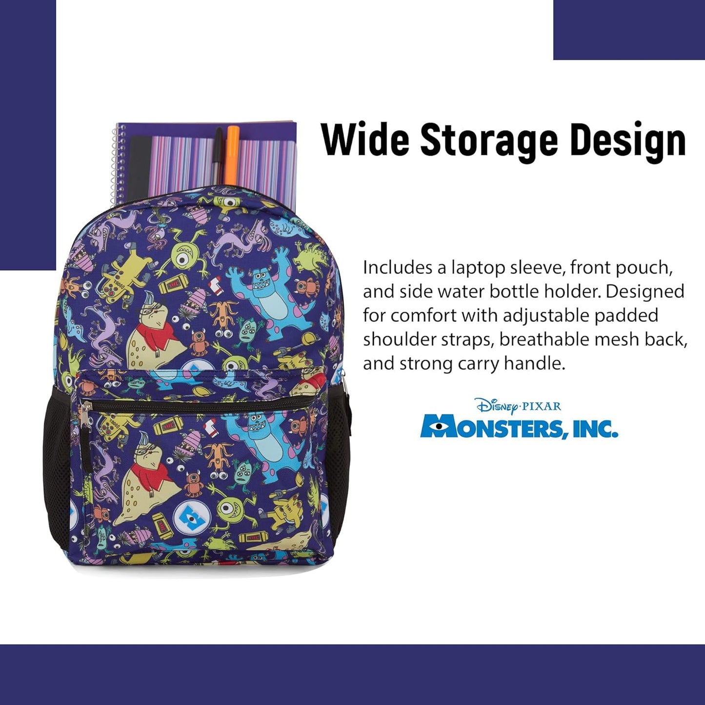 Disney Monsters Inc. Allover Print Backpack - Officially Licensed Pixar Merchandise - Backpack for Boys, Girls, Toddlers, Kids, Adults - Great Bag For Gym, Park and Cam