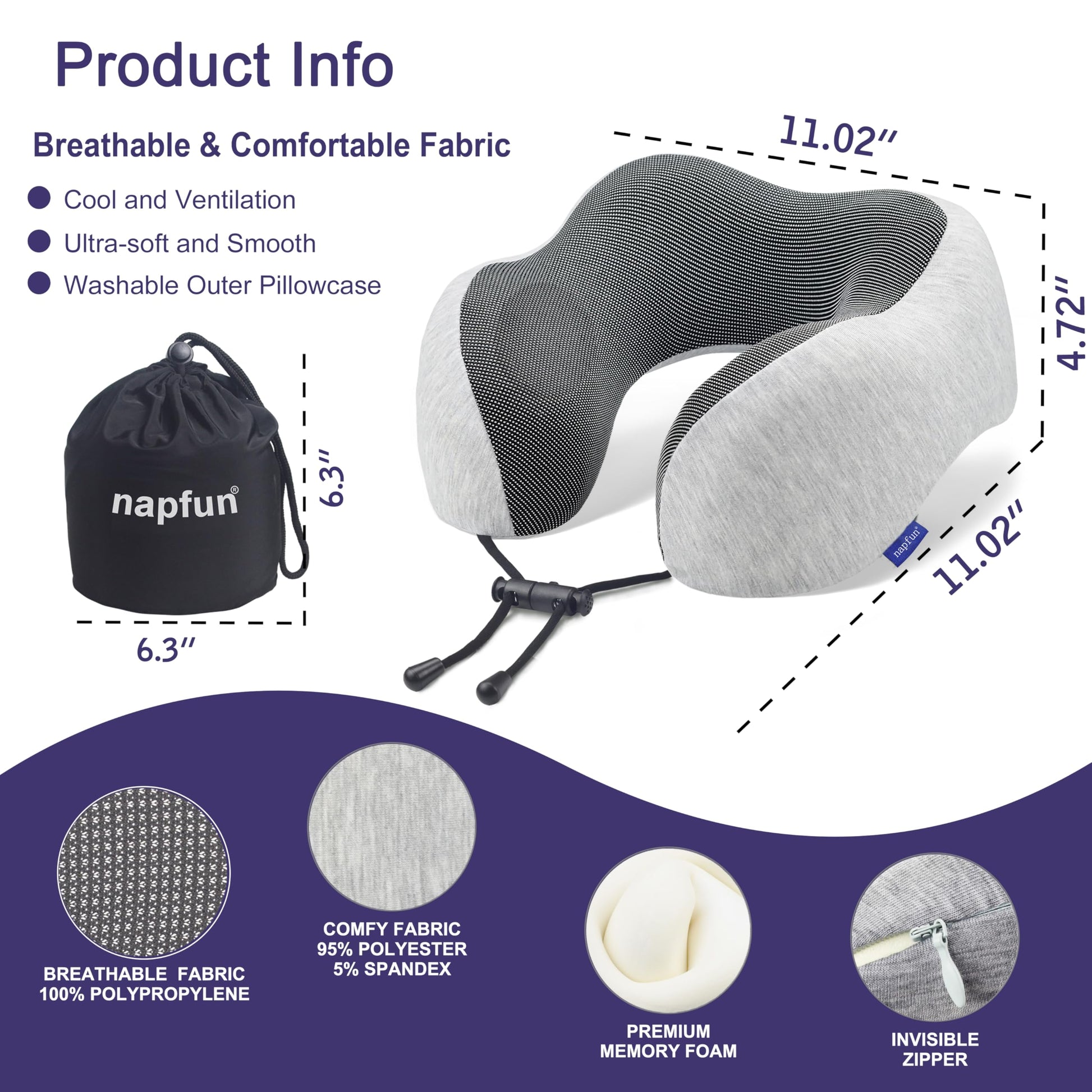 napfun Neck Pillow for Traveling, Upgraded Travel Neck Pillow for Airplane 100% Pure Memory Foam