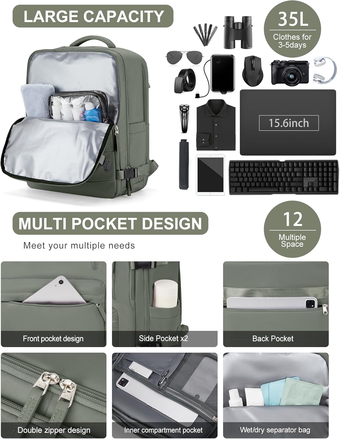VGCUB Lightweight Travel Backpack for Women Men, Carry On Flight Approved Luggage, Water Resistant Laptop College Work Backpack Personal Item Daypack Bookbag Mochila de Viaje, Green