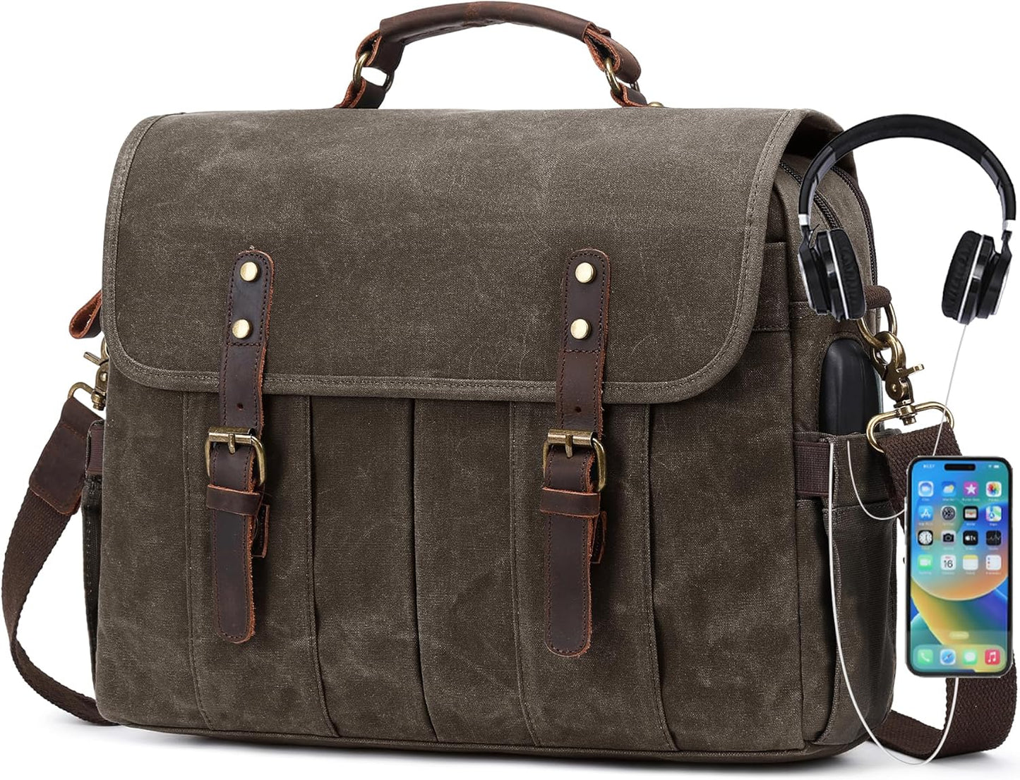 Messenger Bag for Men 15.6 Inch Vintage Canvas Genuine Leather Briefcase for Men Laptop Bag Satchel Shoulder Bag