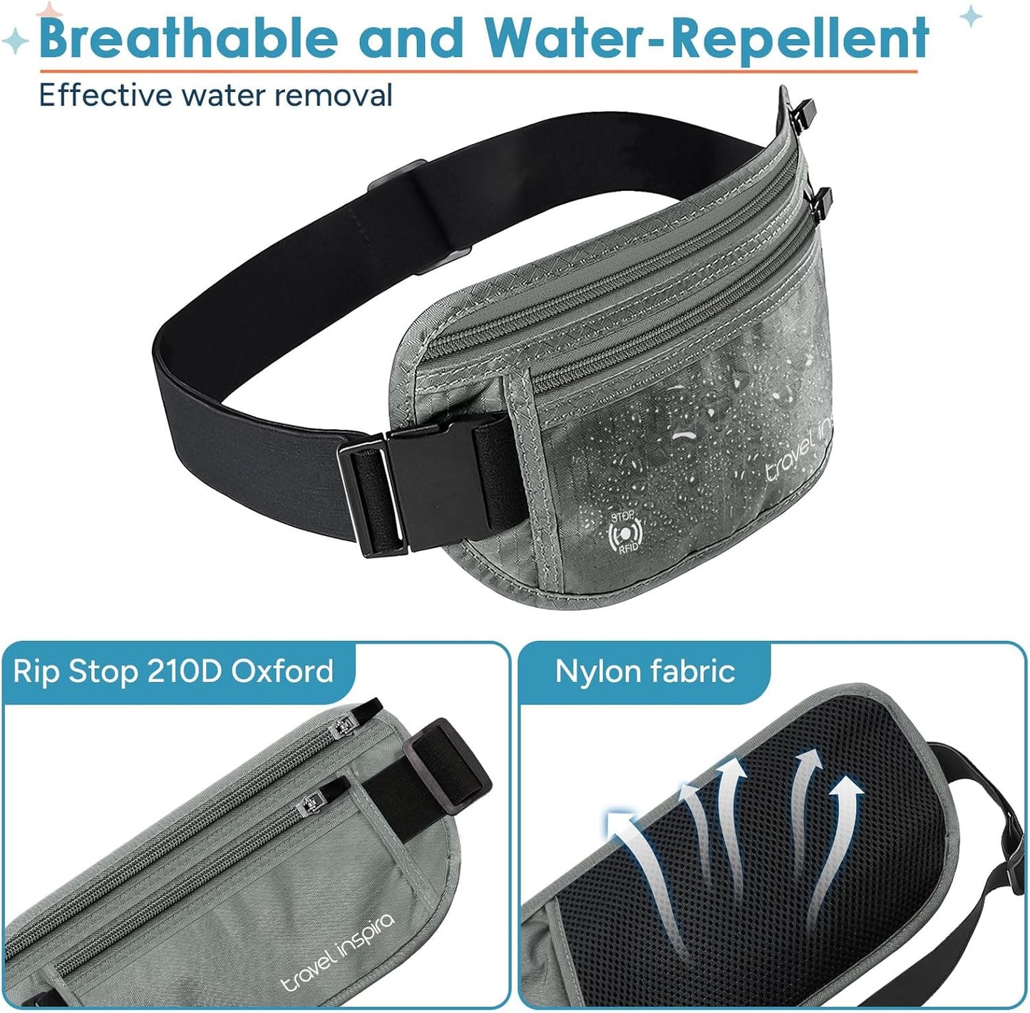 travel inspira Travel Money Belt with Slim Anti-Theft RFID Blocking Passport Holder for Travel Concealed under Clothes for Ultimate Protection of Credit Cards, Cash, Passport & Documents, Grey