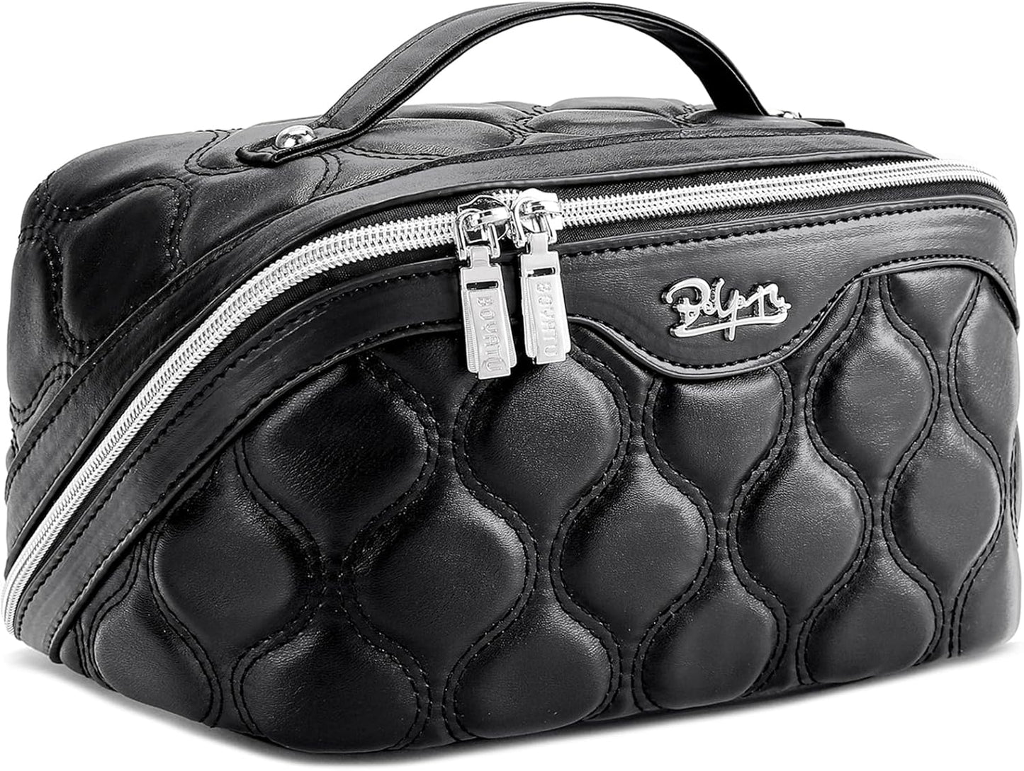 BOYATU Travel Makeup Bags for Women Cosmetic Bag: Puffy Make up Bags Set of 3 - Vegan Leather Makeup Organizer - Waterproof Large Toiletry Bag with Compartments - Travel Essentials (H-1-Black)