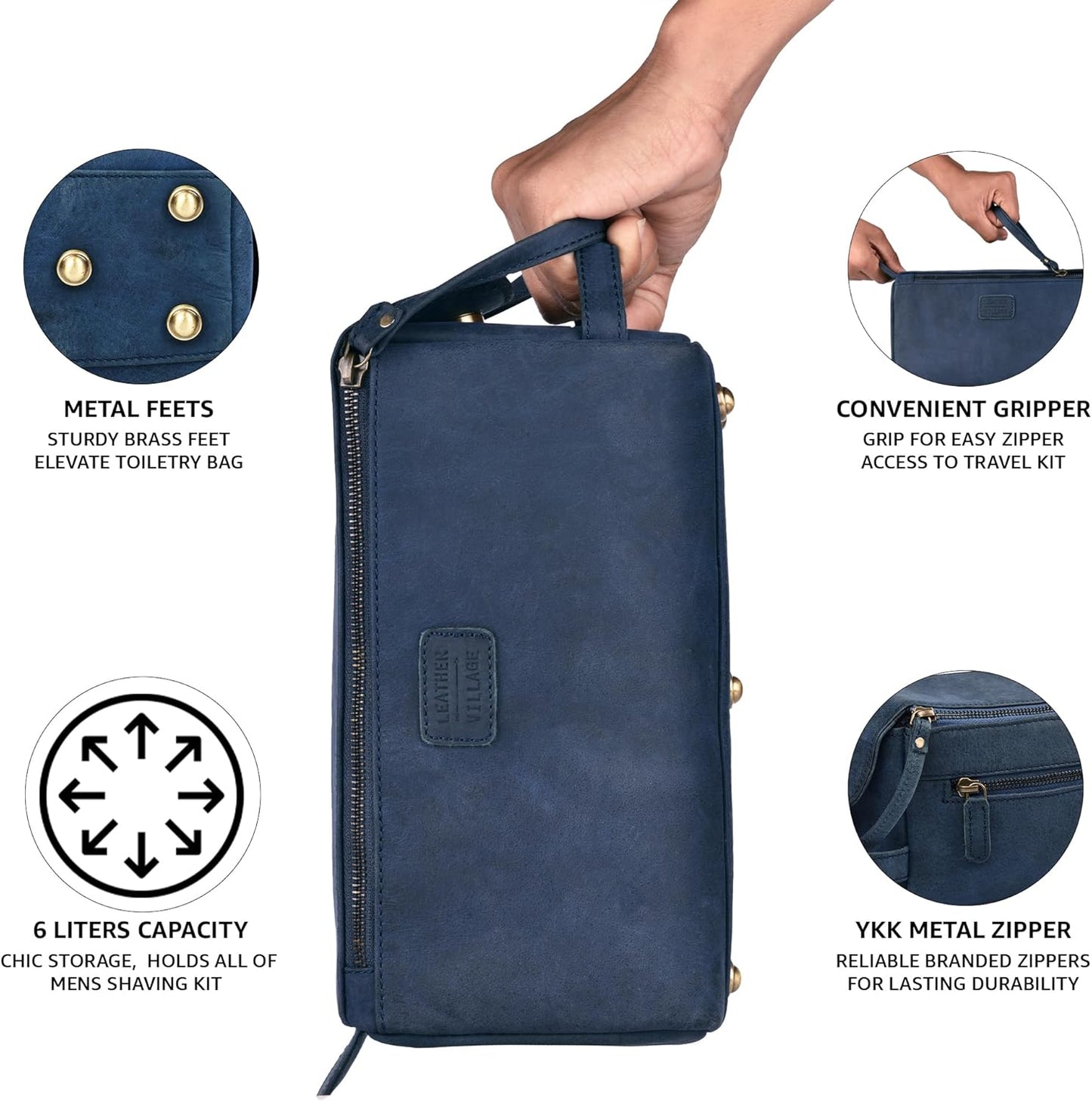 LEATHER VILLAGE Premium Leather Travel Toiletry Bag - Unisex Water-Resistant Travel Bag for