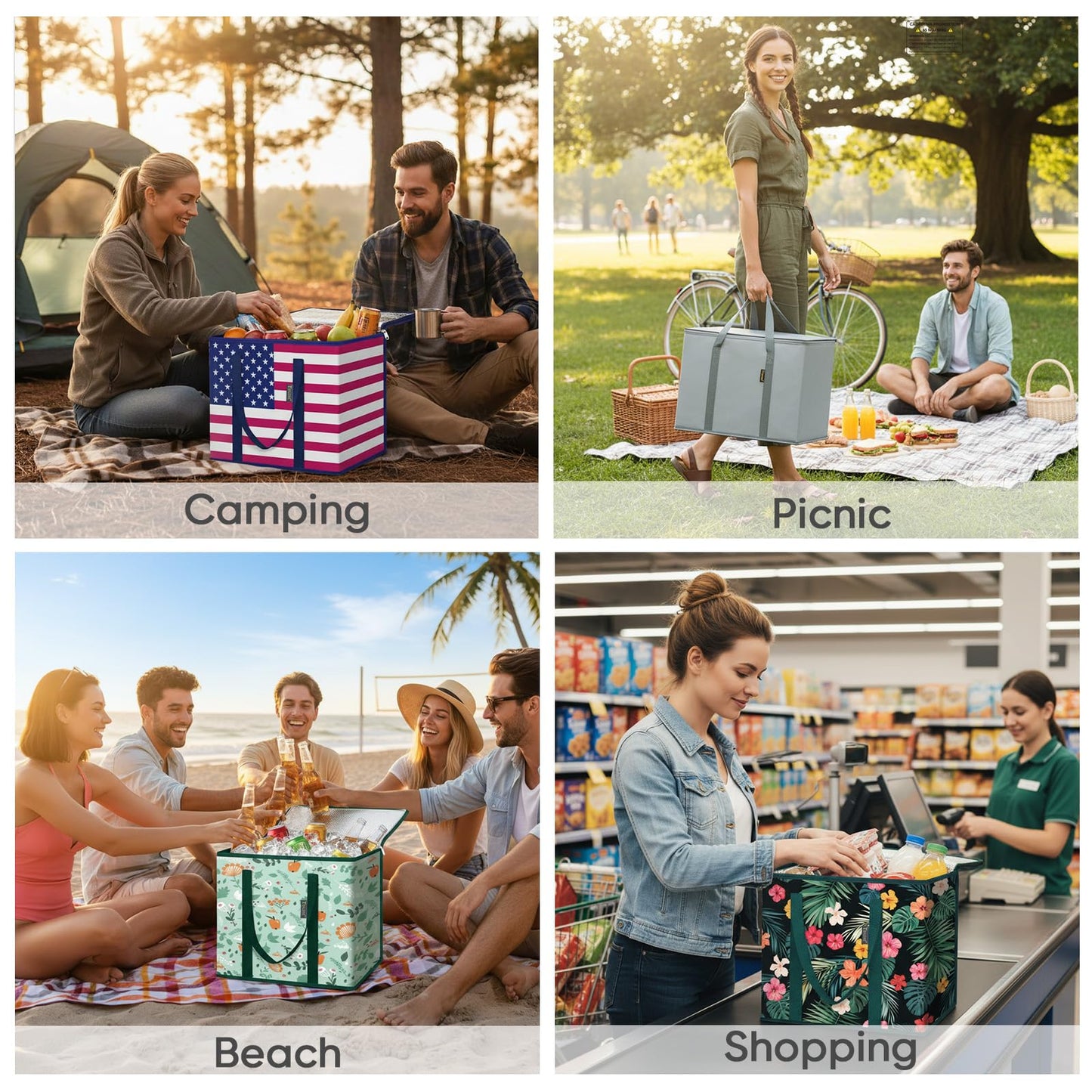 BALEINE 2Pk Insulated Reusable Grocery Bags, Collapsible Cooler Bag for Groceries, Heavy Duty Large
