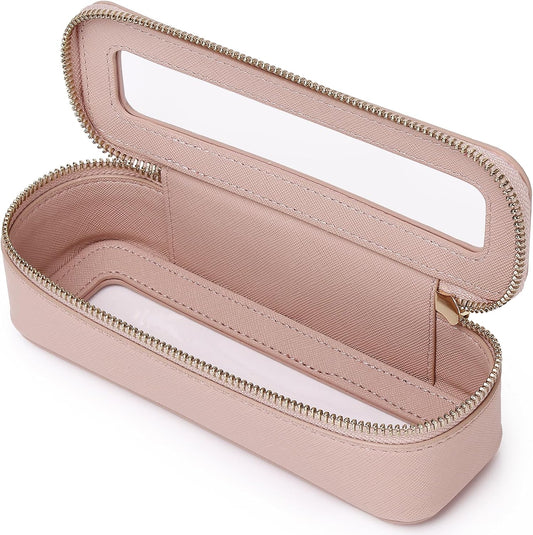 Makeup Brush Case Slim Clear Makeup Bag Travel Cosmetic Case and Waterproof Toiletry Makeup Bag with Zipper Purse Organizer for Women (Pink, Slim)