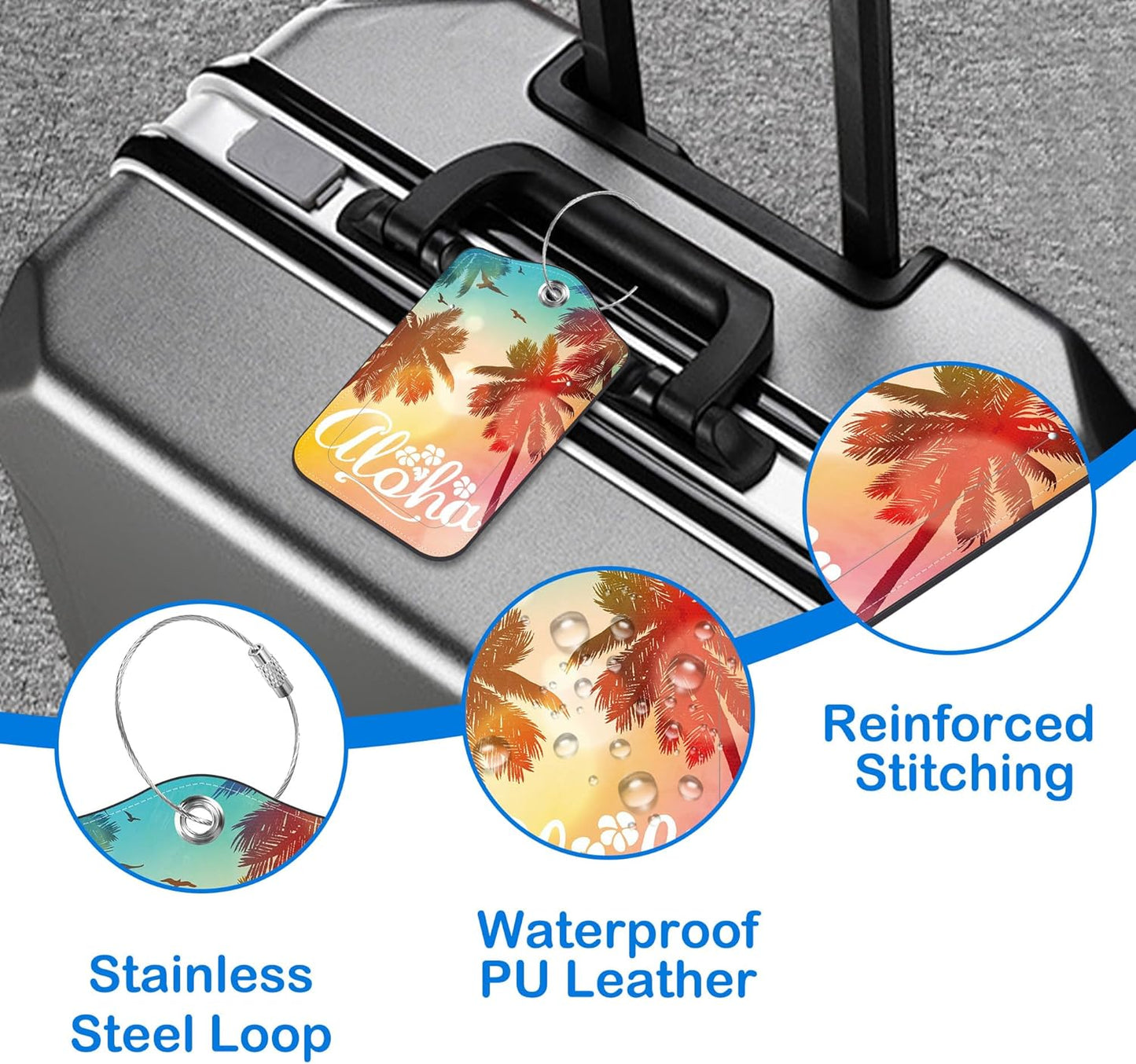 2 Pcs Luggage Tags for Suitcases, Summer Tropical Palm Leather Bag Tags for Luggage Privacy Cover Name ID Label with Stainless Steel Loop Cruise Airport Travel Essentials