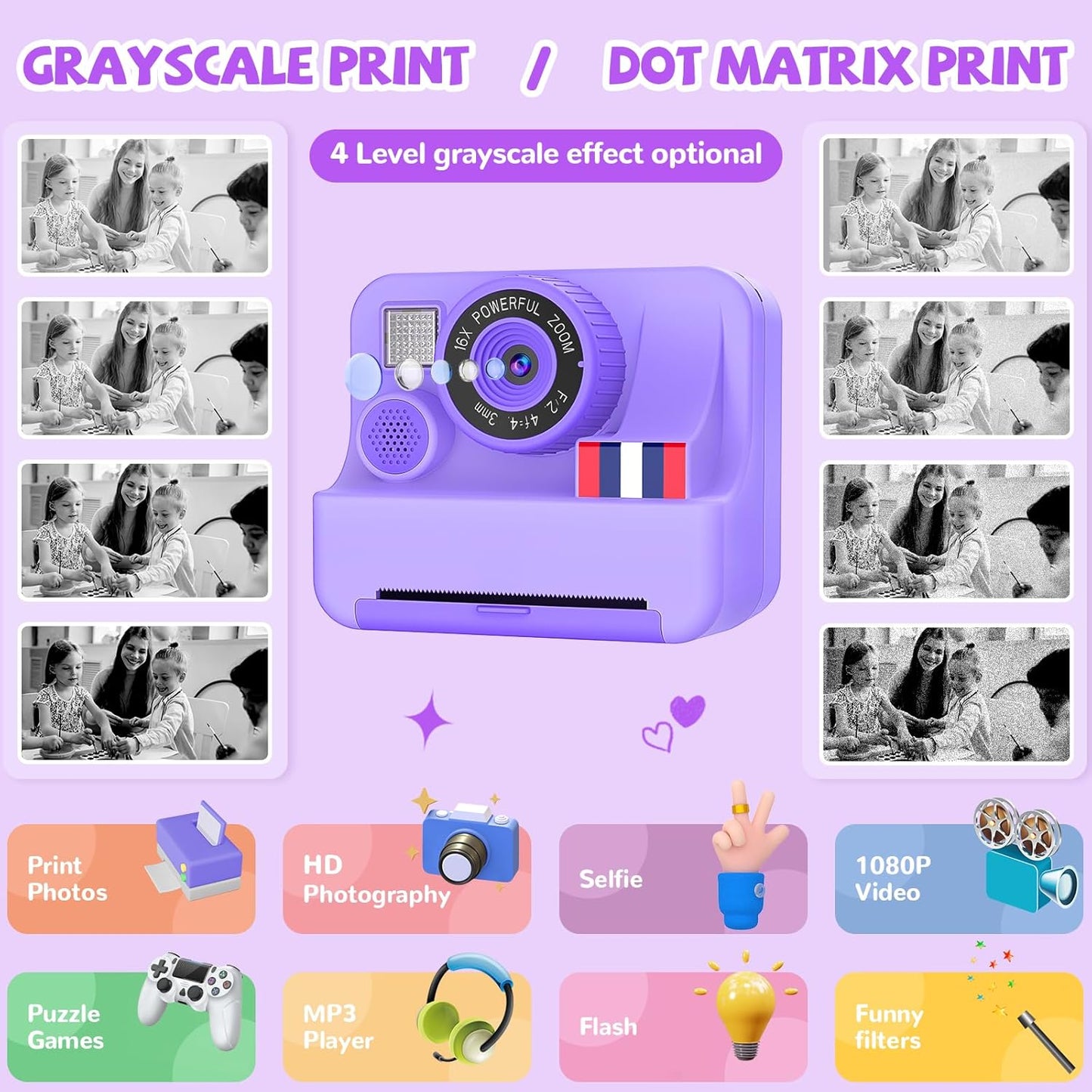 Instant Print Camera for Kids - Christmas Birthday Girls Gifts for Age 3 4 5 6 7 8 9 10 Year Old, 2.4 Inch Screen Kids Instant Camera, Toddler Camera Toys for Age 3-12 with 32 GB SD Card