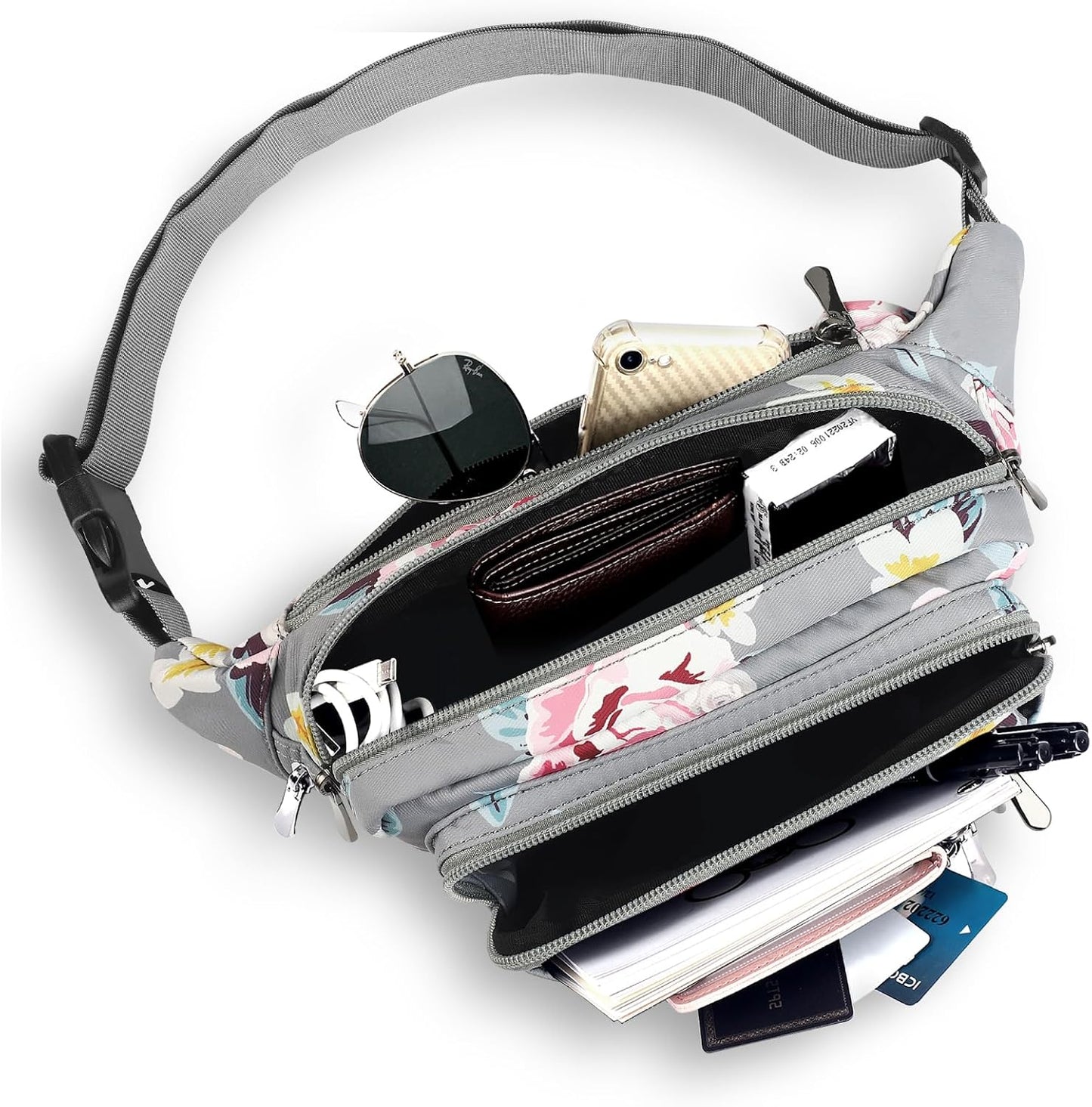 Waist Pack Bag Fanny Pack for Men&Women Hip Bum Bag with Adjustable Strap for Outdoors Workout Traveling Casual Running Hiking Cycling (New Grey Flowers)