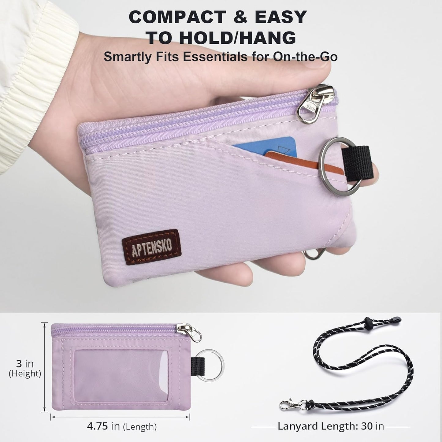 RFID Travel Wallet with Adjustable Lanyard-Zipper Small Wallet with ID Card Holder, Keychain for women&men-Minimalist Slim Waterproof Nylon case for ID, Cash, Key (Soft Lilac)