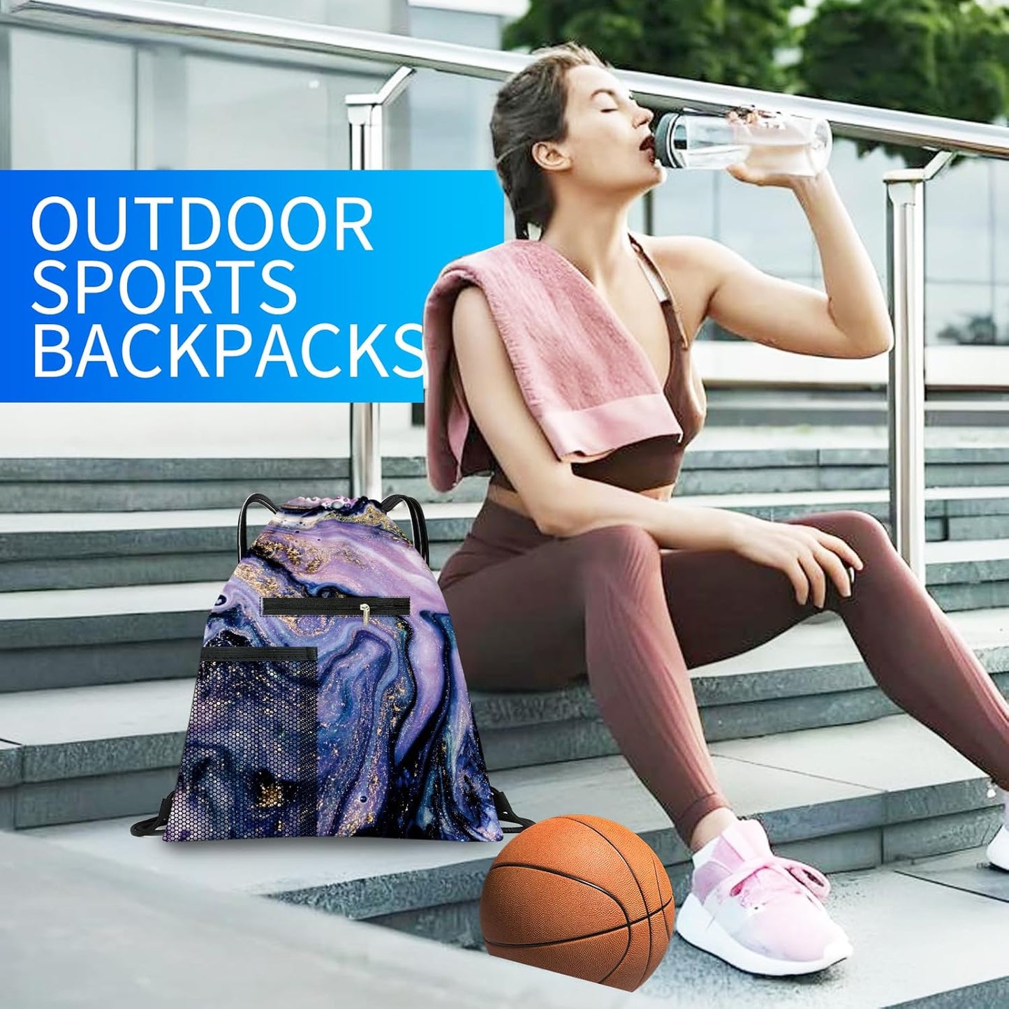 Drawstring Backpack Sports Gym Bag, Large String Swim Bag for Beach With Water Bottle Mesh Pocket, Cute Gym Sack with Zipper Pocket for Men Women Luxuious Purple Marble