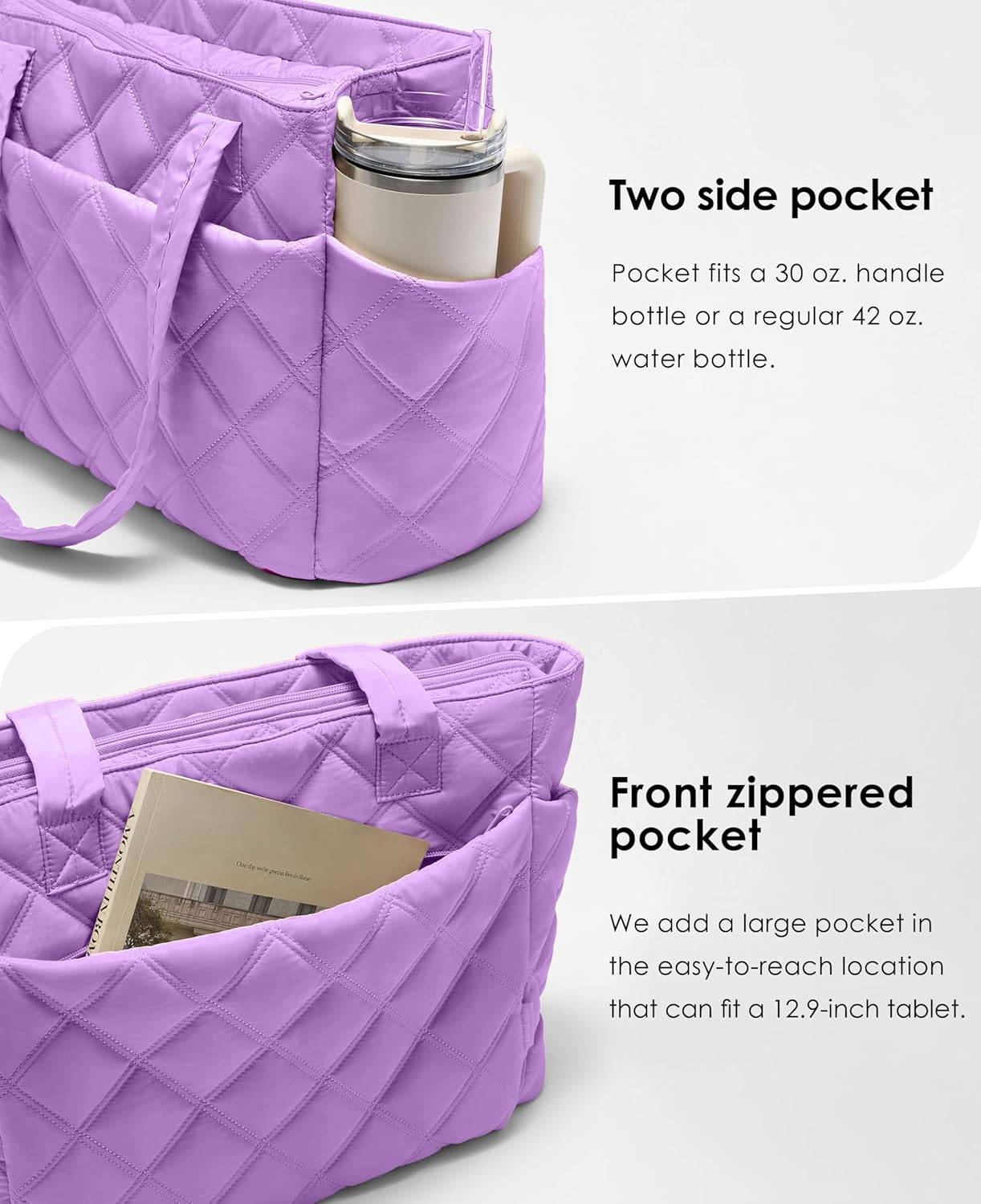 Tote Bag for Women, Lightweight Puffer Tote Work Bags with Compartments for Travel, Quilted Shoulder Bag with Zipper
