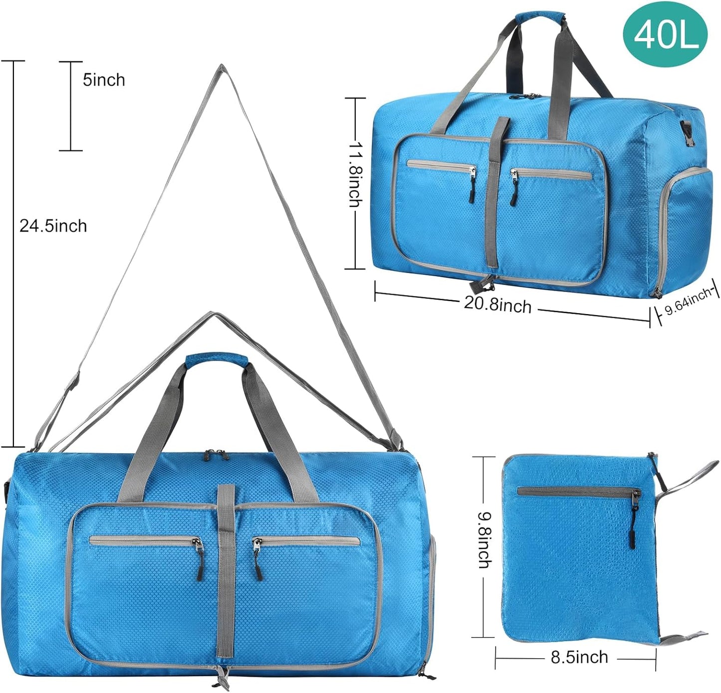 Dimayar Travel Duffle Bag for Men Women - Foldable Duffel Bag with Shoes Compartment - Overnight Bags Waterproof & Tear Resistant(40L,Light Blue)