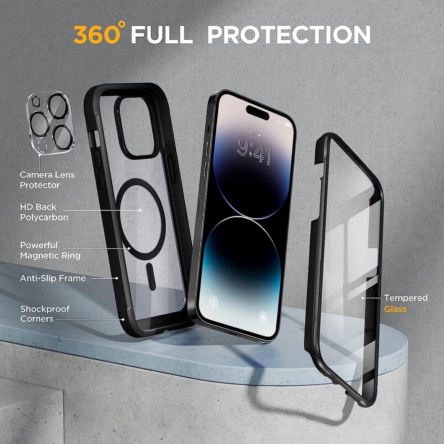 Miracase Magnetic for iPhone 14 Pro Case 6.1 inch, (Compatible with MagSafe) Upgrade Full-Body Clear Phone Bumper Case with Built-in 9H Tempered Glass Screen Protector, Black