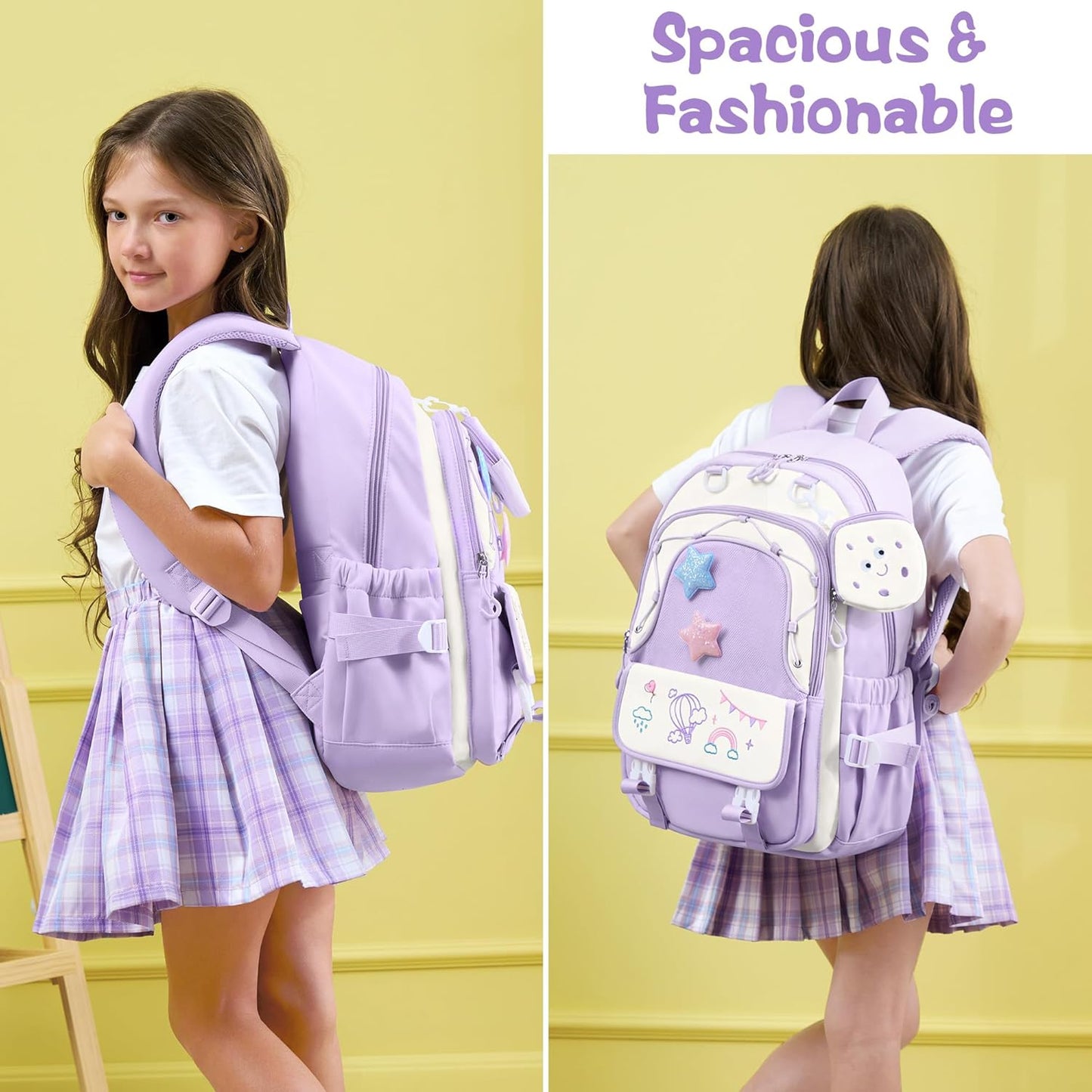 Fimibuke Kids Backpack for Girls, 4 PCS Waterproof Teen Girls Backpack with Lunch Box, Pencil Case & Headphone Bag Set, Cute Bookbag for Elementary Middle High School Student Back to School
