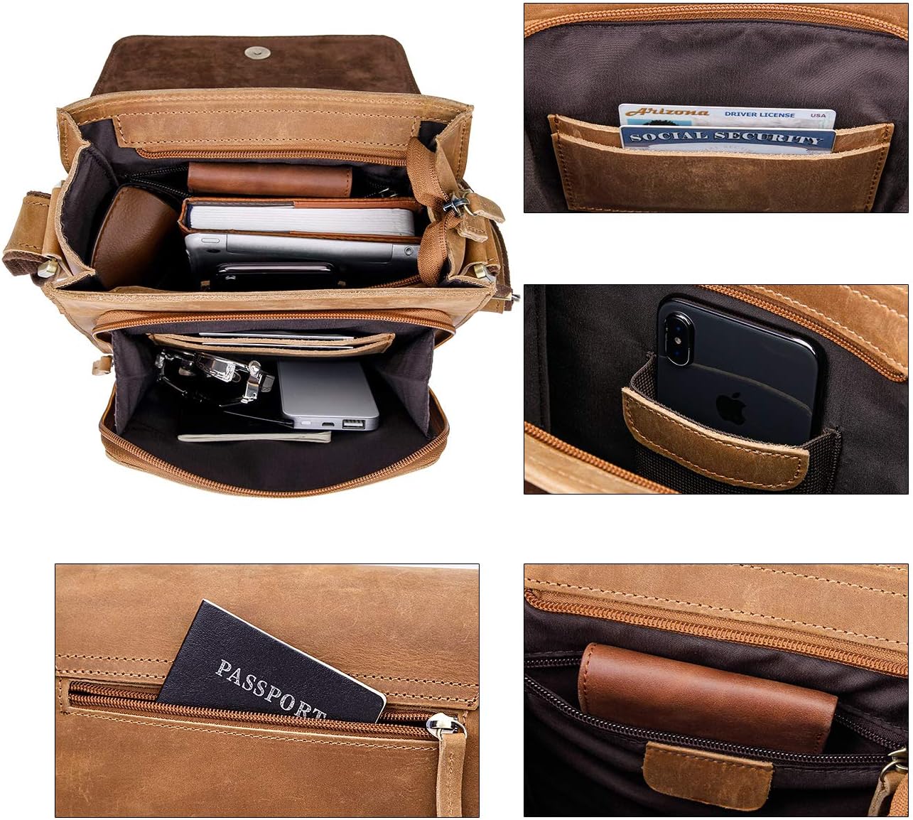 Augus Leather Messenger Crossbody Shoulder Bag for Men Work Business Casual Adjustable straps With