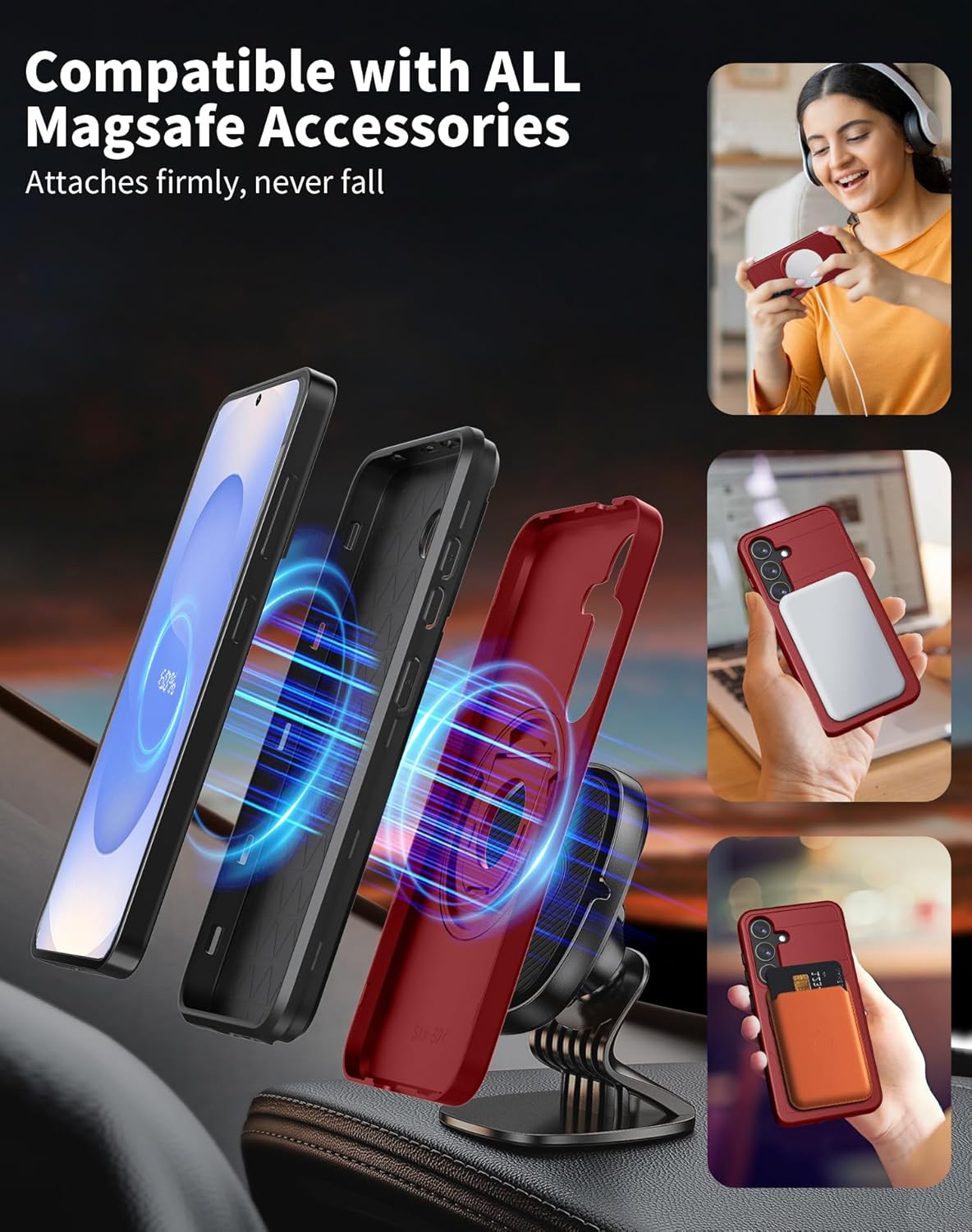 for Samsung Galaxy S25 Plus Case Magnetic Compatible with MagSafe Wireless Charging,with Screen Protector,for S25+Plus Case with Stand Ring Anti-Scratch Shockproof Heavy Duty Protection Red