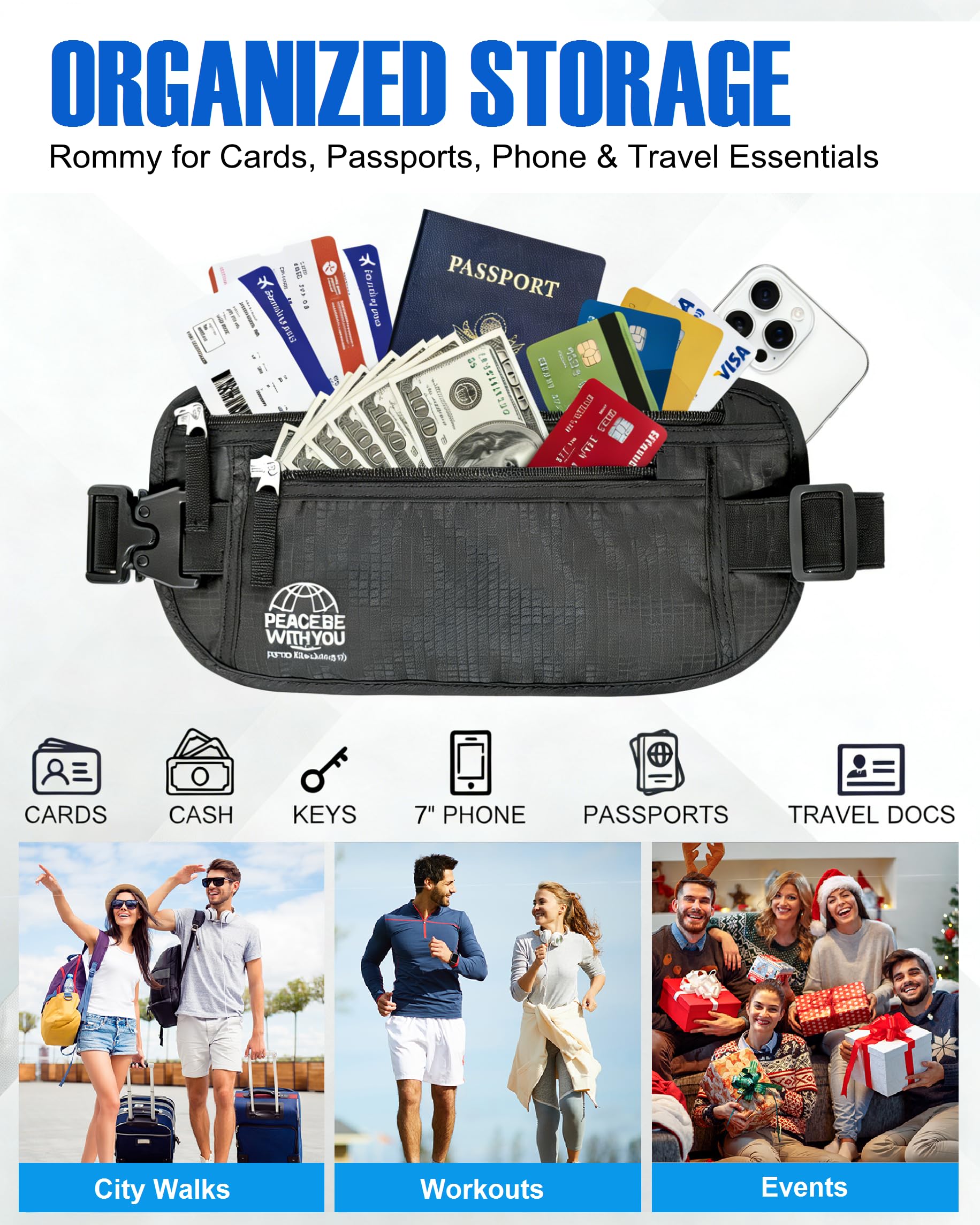 Money Belt for Travel, Passport Holder, RFID Blocking, Sweat-Proof, Black