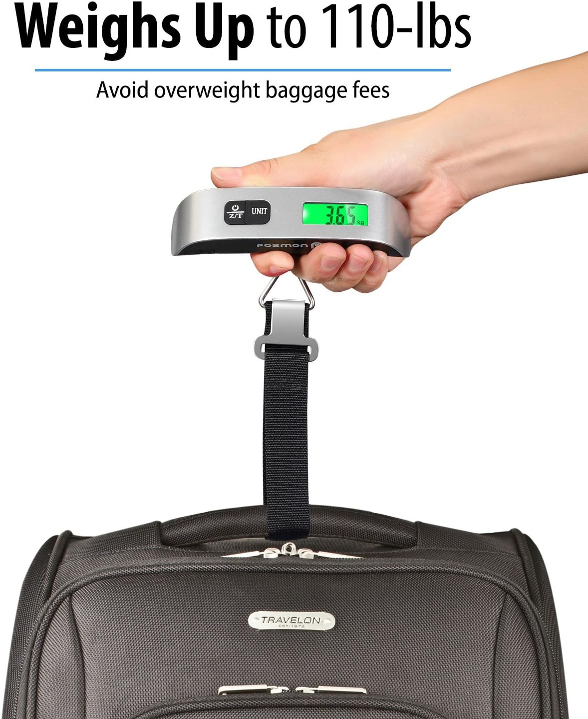 Fosmon Digital Luggage Scale, LCD Display Backlight Temperature Baggage Scale with 110lbs Capacity, Portable Stainless Steel Hanging Luggage Weight Scale with Tare Function for Travelers - Silver