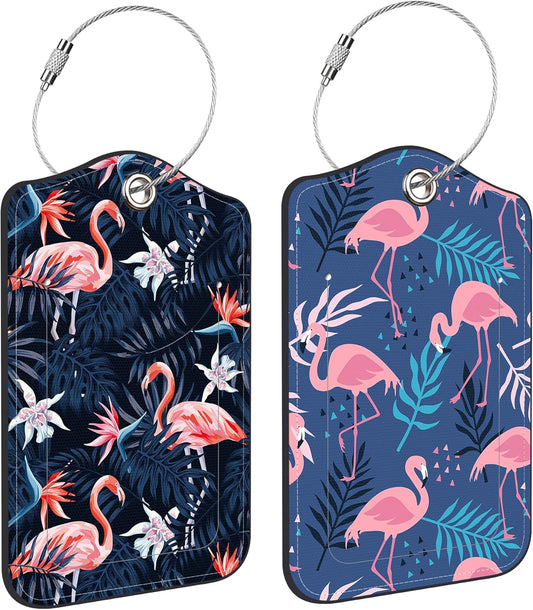2 Pack PU Leather Luggage Tag for Suitcase Flamingo and Tropical Plants Suitcase Tags with Privacy Name ID Label and Stainless Steel Loop for Travel Bag