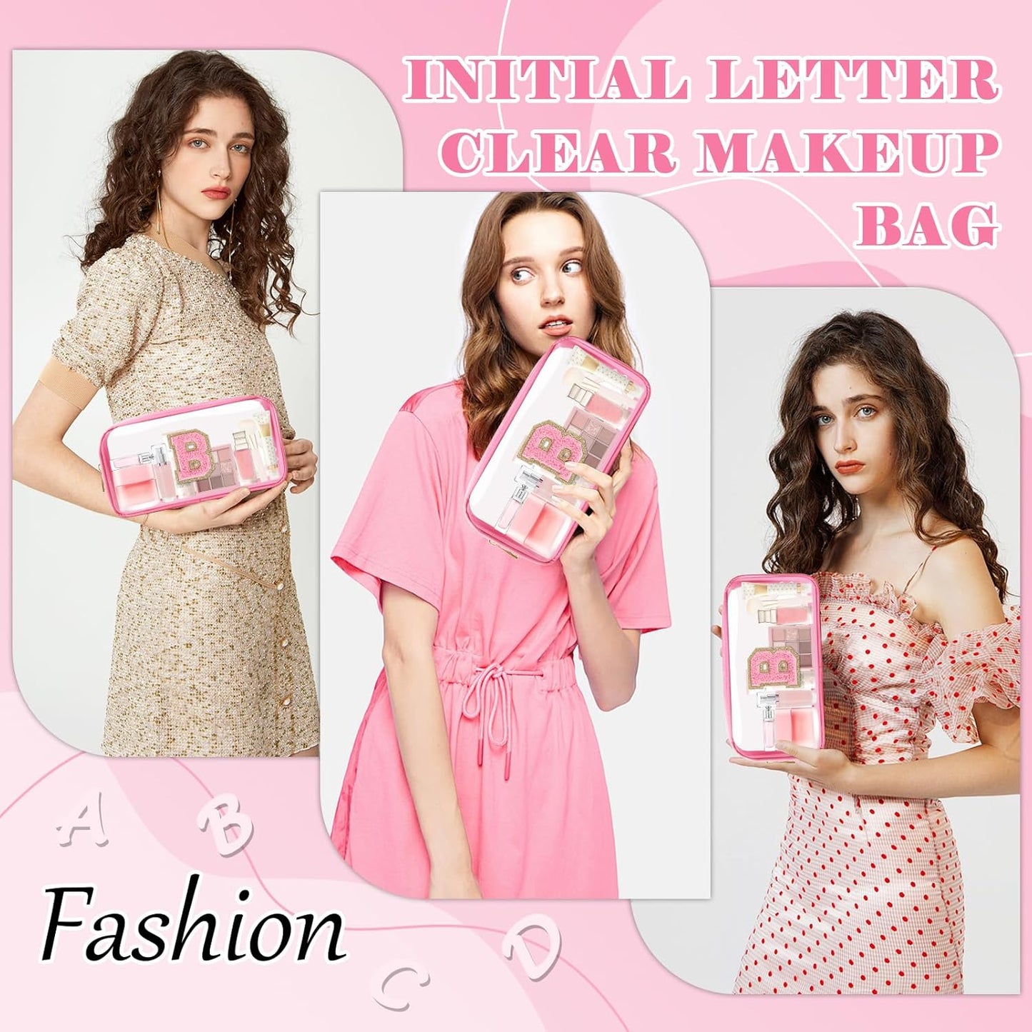 Personalized Initial Letter Clear Makeup Bag,Preppy Small Nylon&PVC Cosmetic Zipper Bag with