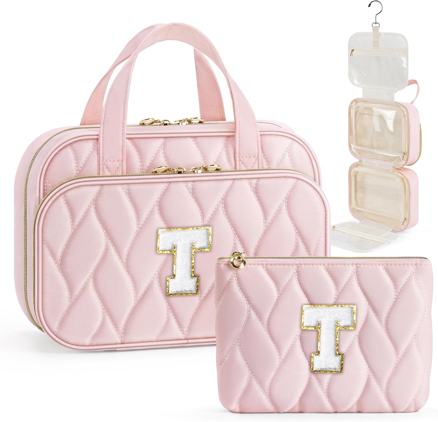 YOOLIFE Hanging Toiletry Bag for Women - Travel Toiletry Bag Makeup Bag, Portable Toiletries Cosmetic Bag, Airplane Travel Essentials - Letter T, Pink