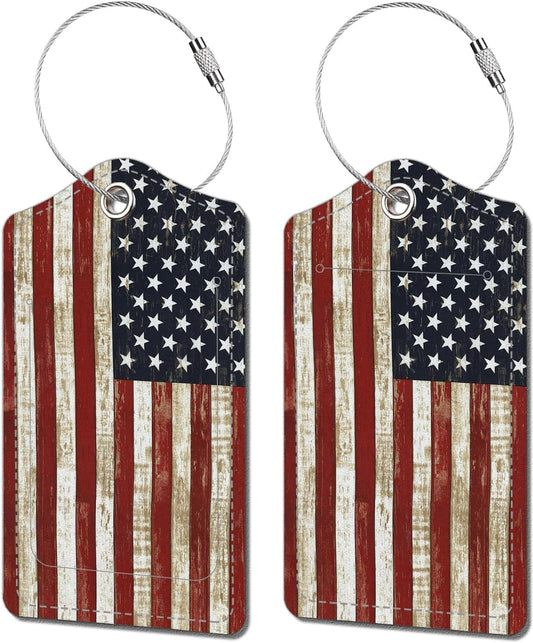2 Pack Luggage Tags for Suitcase, Leather Suitcase Tags Cruise Ship with Privacy Cover and Double Metal Loop for Women Men Girls Boys Travel Baggage Bag Backpack Tags,American Flag