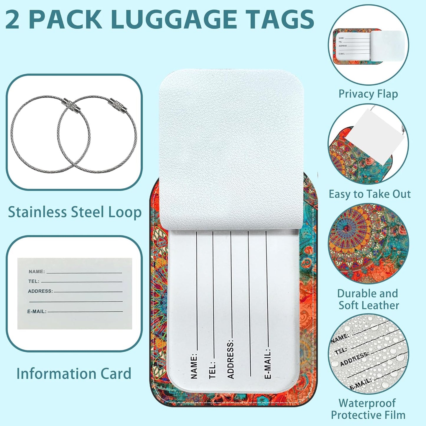 2 Pack Cute Luggage Tag for Suitcases Mandala Art Leather Luggage Tags with Stainless Steel Loop Privacy Flap Name Tags,Men and Women Travel Bag Suitcase Tags