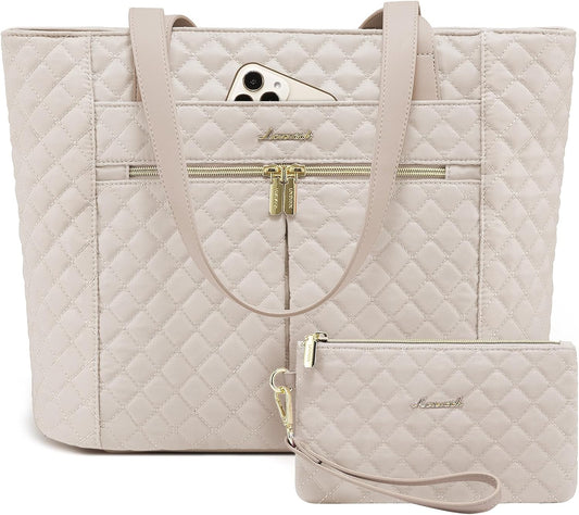 LOVEVOOK Laptop Bag for Women 15.6 inch,Diamond Quilted Work Tote Bags Womens Laptop Computer Shoulder Bags,Stylish Travel Tote Bags Laptop Purse Briefcase Handbag with Clutch Purse,Nude