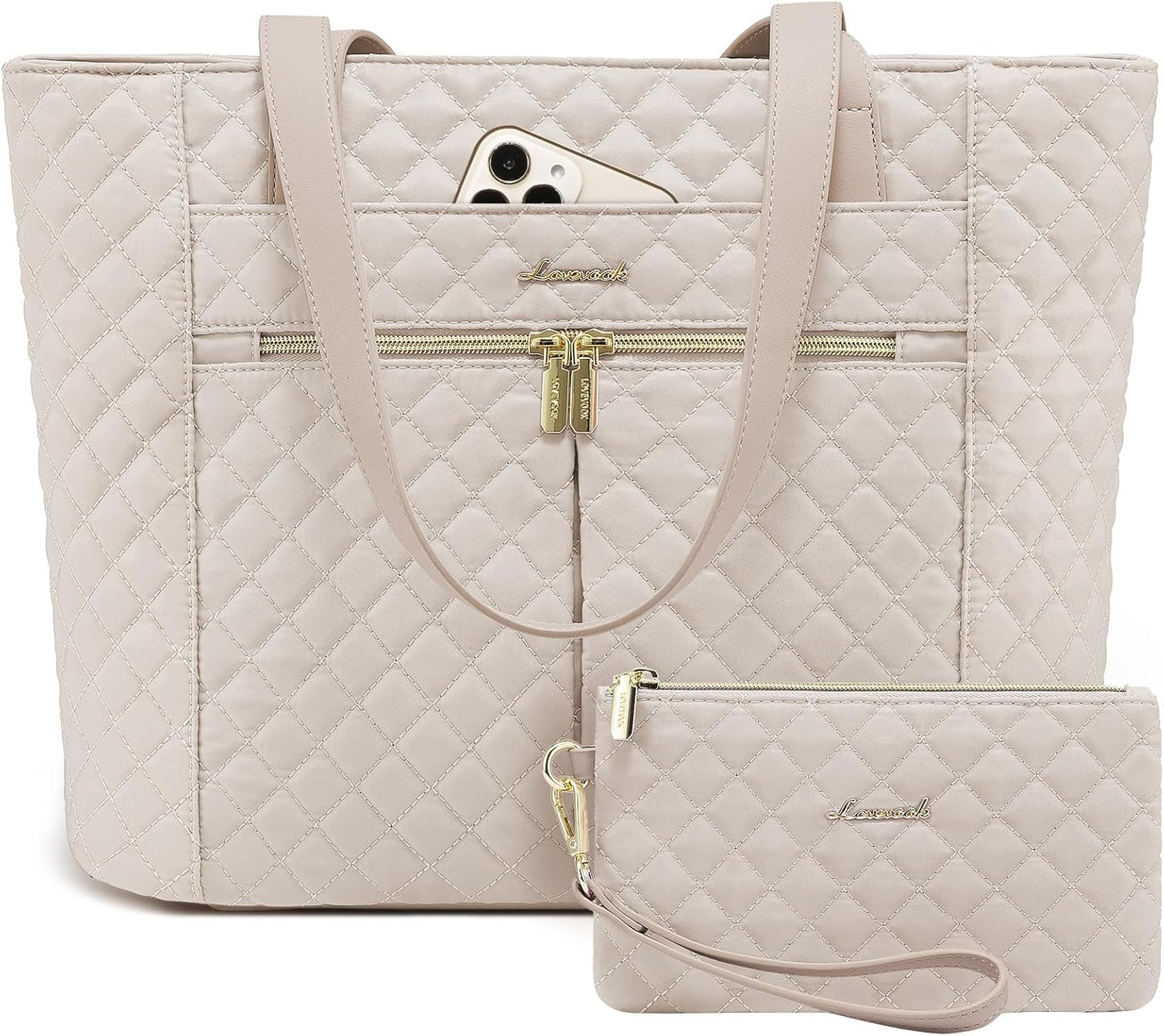 LOVEVOOK Laptop Bag for Women 17 inch,Diamond Quilted Work Tote Bags Womens Laptop Tote Bag Computer Shoulder Bags,Stylish Travel Tote Bags Laptop Purse Briefcase Handbag with Clutch Purse,Off-white