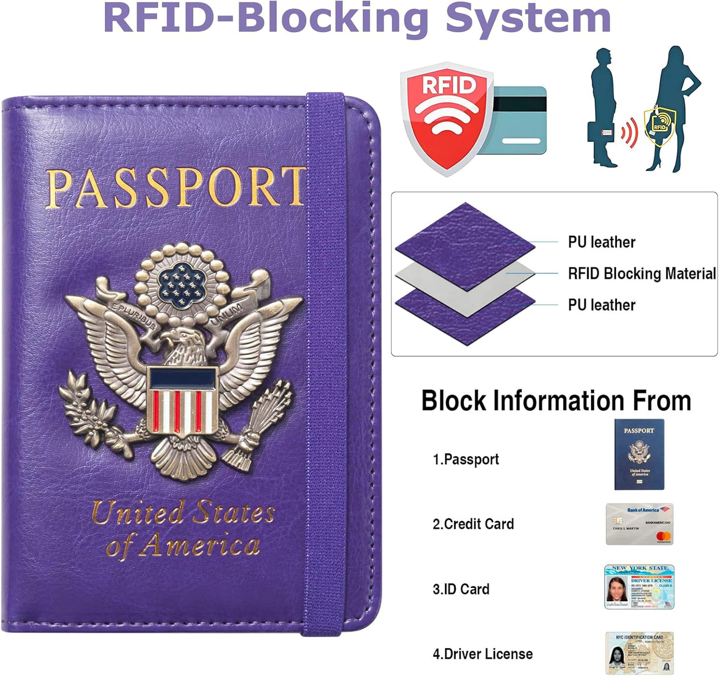 Passport Holder for Travel Passport Cover for Men Passport Wallet Case With 3D Metal Badge Protector Leather Card Case RFID Blocking Women Travel Accessories Document Organizer (Purple)
