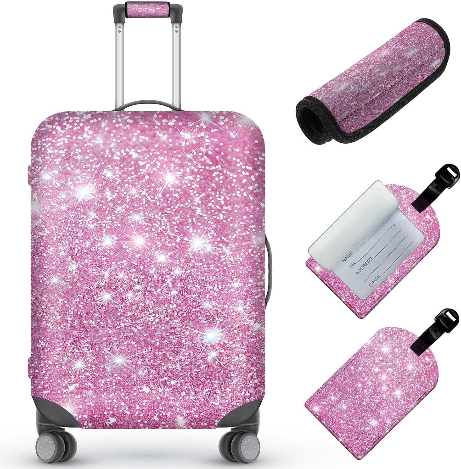 Travel Luggage Cover,Pink Glitter Theme Suitcase Cover Accessory Kit, Luggage Tag, and Comfortable