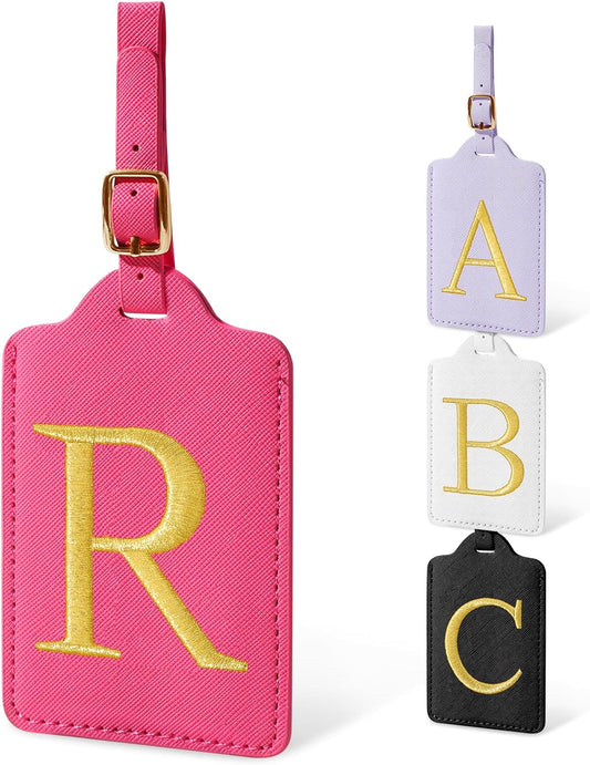 Personalized Initial Luggage Tags for Suitcases, Cute PU Leather Embroidered Letter Travel Luggage Tags, Suitcase Identifier Name Baggage Tag, Bag Tags for Men Women Kids Luggage Handbags(Rosered R)