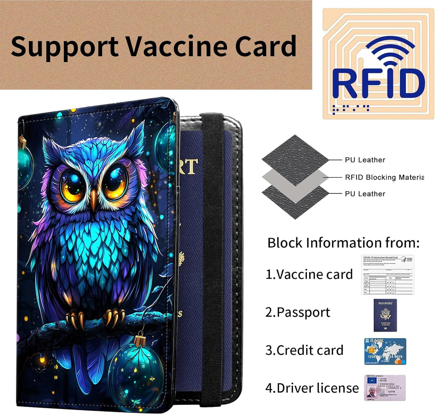 Passport and Vaccine Card Holder Cover Combo,Travel Passport Holder Wallet with RFID Blocking, Leather Vaccine Card Slot Passport Cover Case for Women & Men,Cute Purple Blue Owl