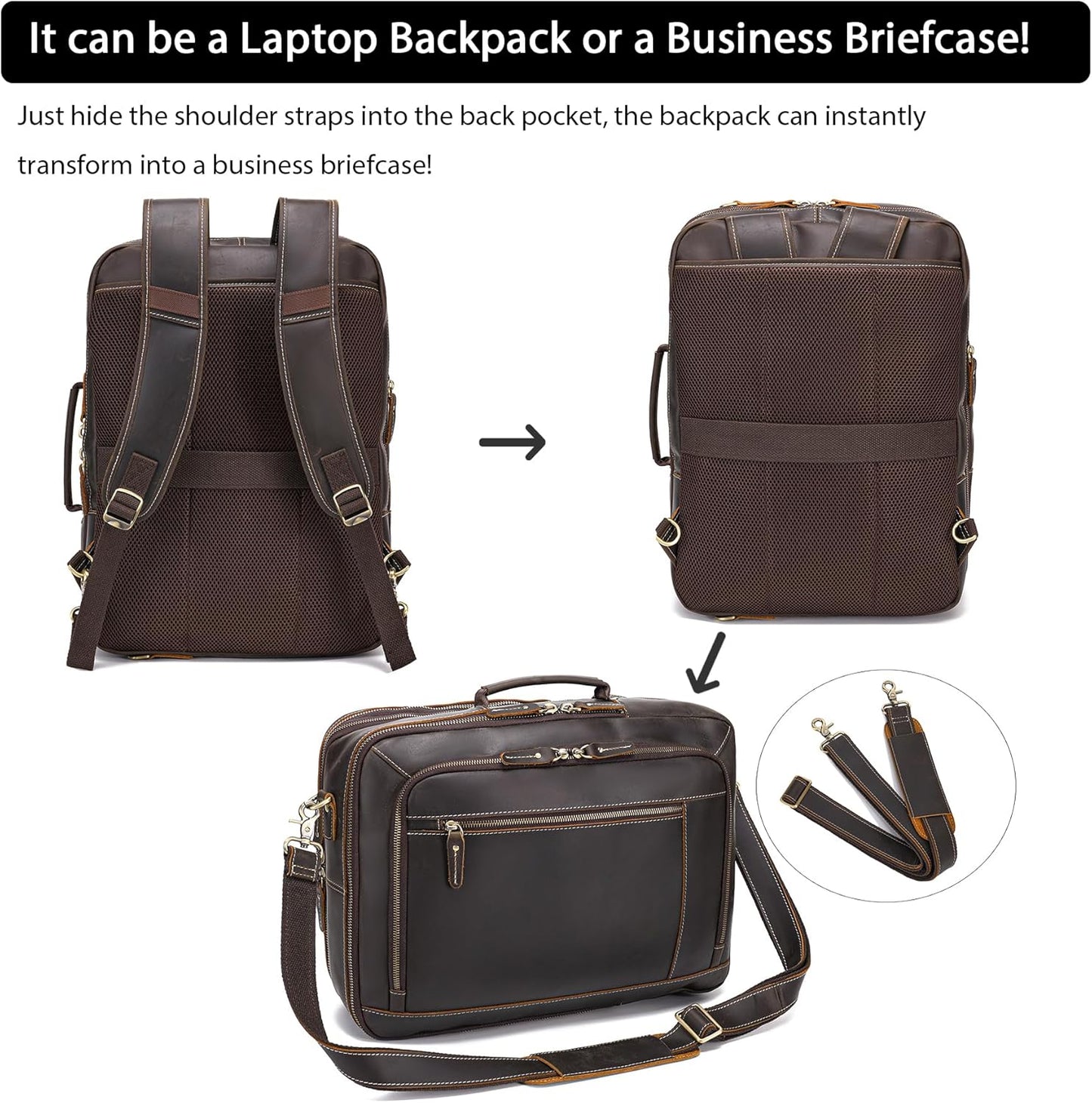 LANNSYNE Vintage Genuine Leather Backpack For Men, 2 in 1 Expandable Briefcase Fits 17'' Laptop