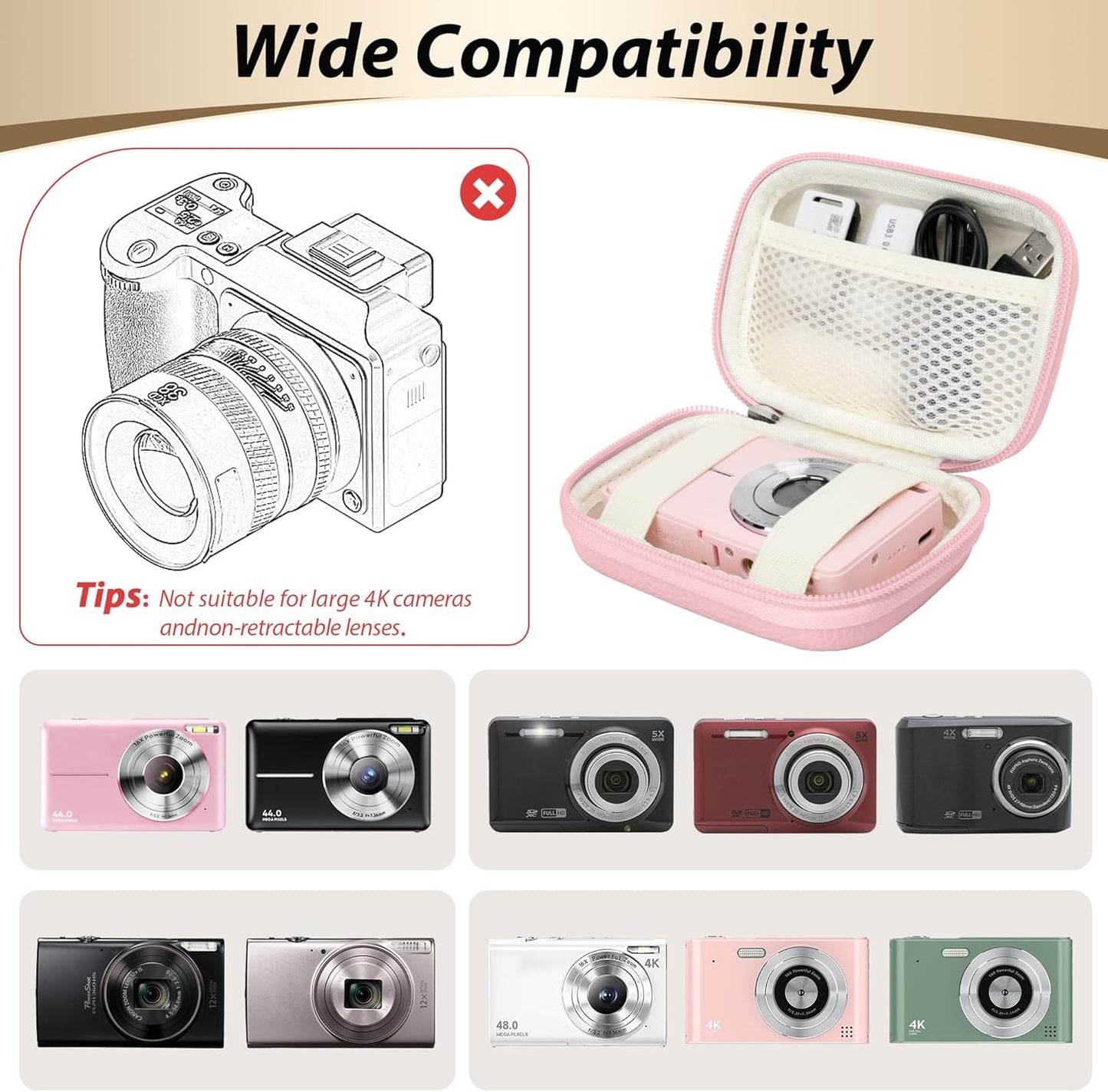 Digital Camera Case for CAMKORY, KODAK PIXPRO FZ45/FZ55, Canon IXUS 285 HS, Lecran, Small Travel Compact Camera Holder with Mesh Pocket for Accessories SD Card (Pink)