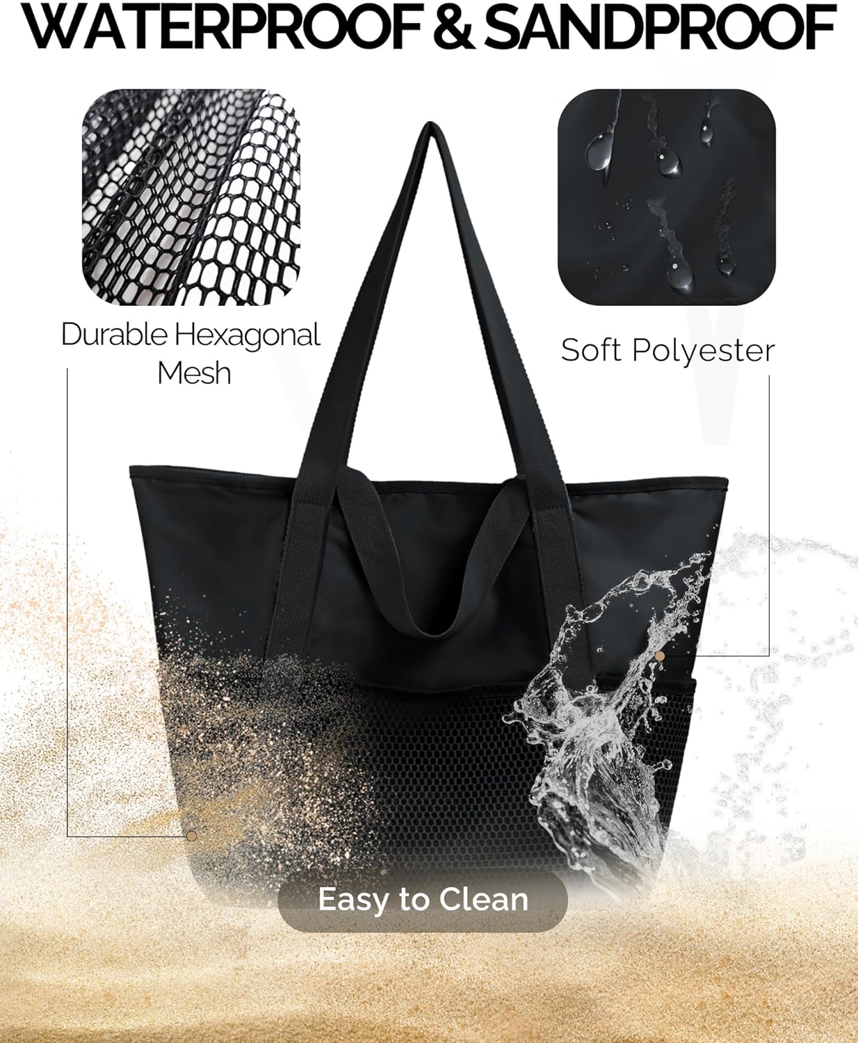 HOMESPON Beach Bag Large Waterproof Sandproof Foldable Tote for Women with Zipper Mesh Pockets for Pool Swim Travel Everyday