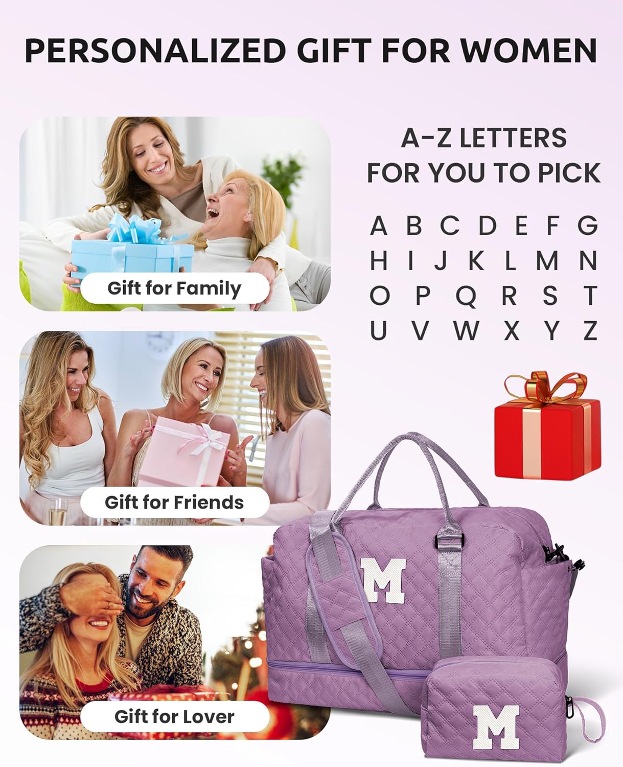 Gifts for Friends-Initial Duffle Bag with Shoe Compartment, Personalized Weekender Bag, Monogram Overnight Bag, Travel Bag with Makeup Bag，Birthday Gifts Bag for Daughter Sister (Letter I)