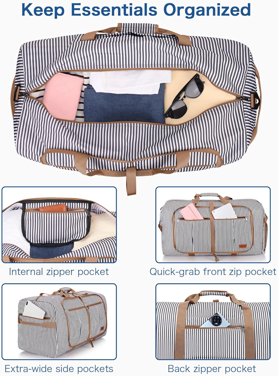 80L Large Duffle Bag for Travel, 26” Travel Duffel Bag with Shoe Compartment, Foldable Collapsible Overnight Bag Gym Bag Weekender Bags for Men Women, Water & Tear Resistant (Stripe, 80L)