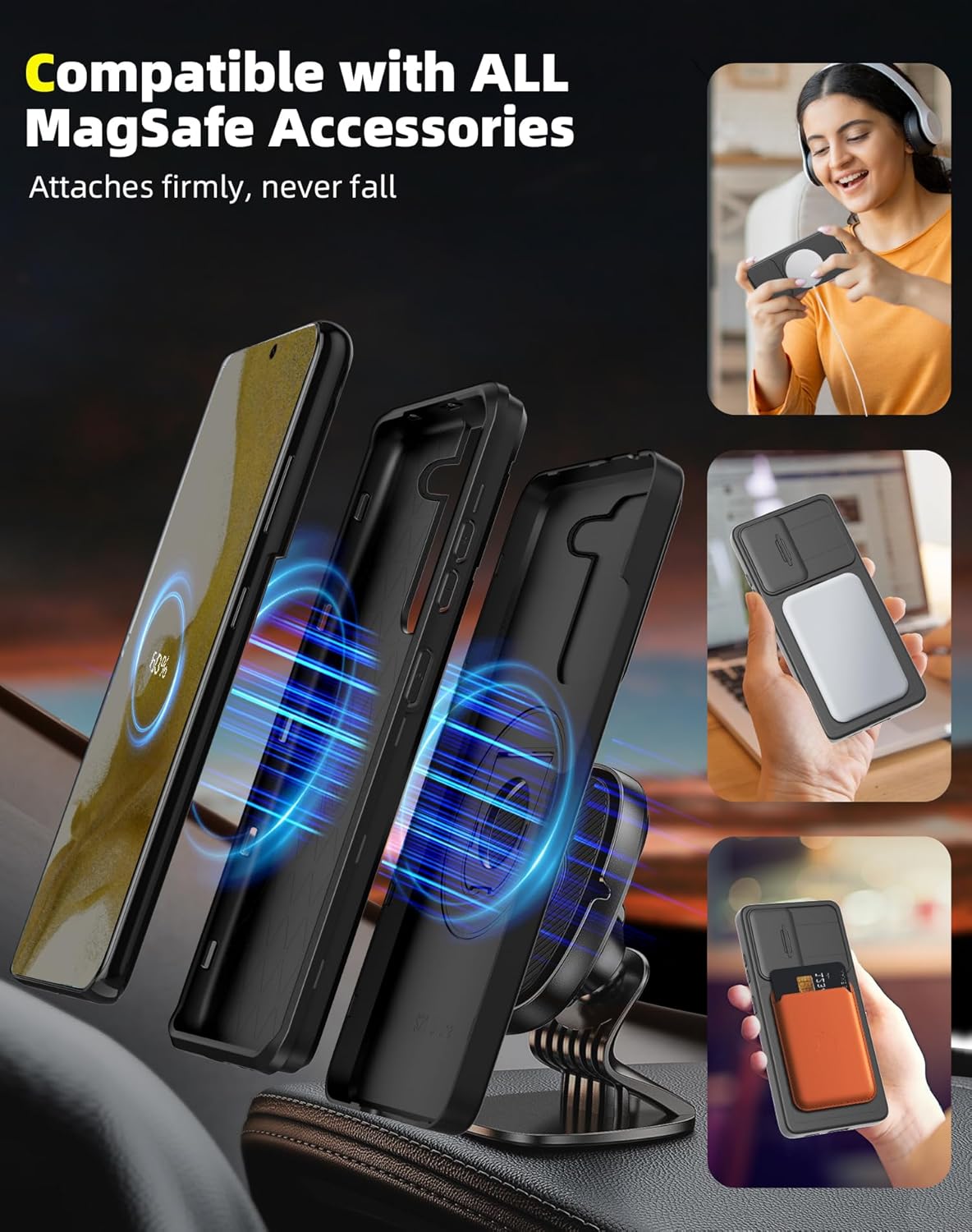 for Samsung Galaxy S22 Plus Case Magnetic Compatible with MagSafe Wireless Charging,with Screen Protector,for S22+Plus Case with Stand Ring+Camera Cover Shockproof Heavy Duty Protection Black