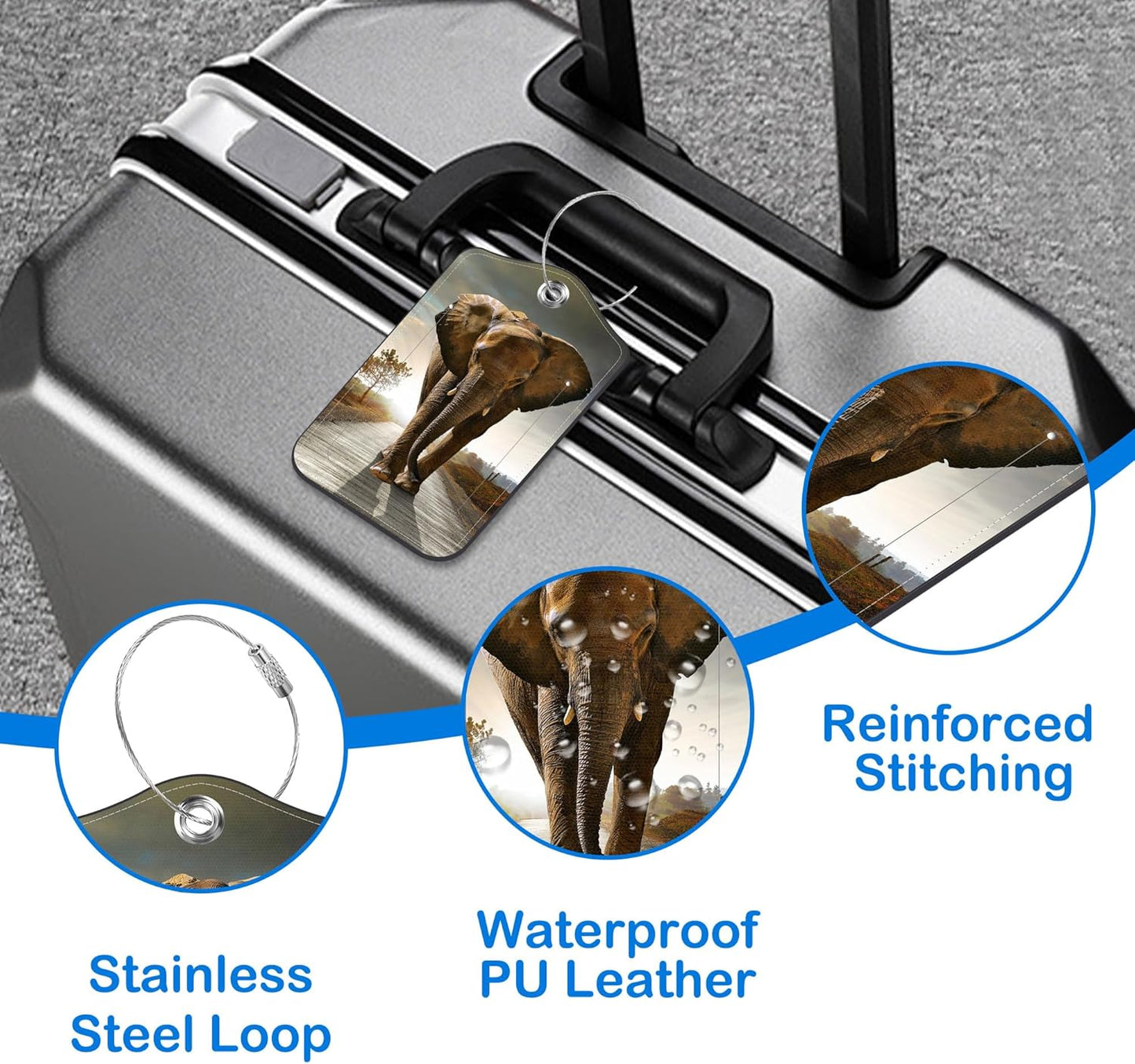 2 Pcs Luggage Tags for Suitcases, Walking Elephant Leather Bag Tags for Luggage Privacy Cover Name ID Label with Stainless Steel Loop Cruise Airport Travel Essentials